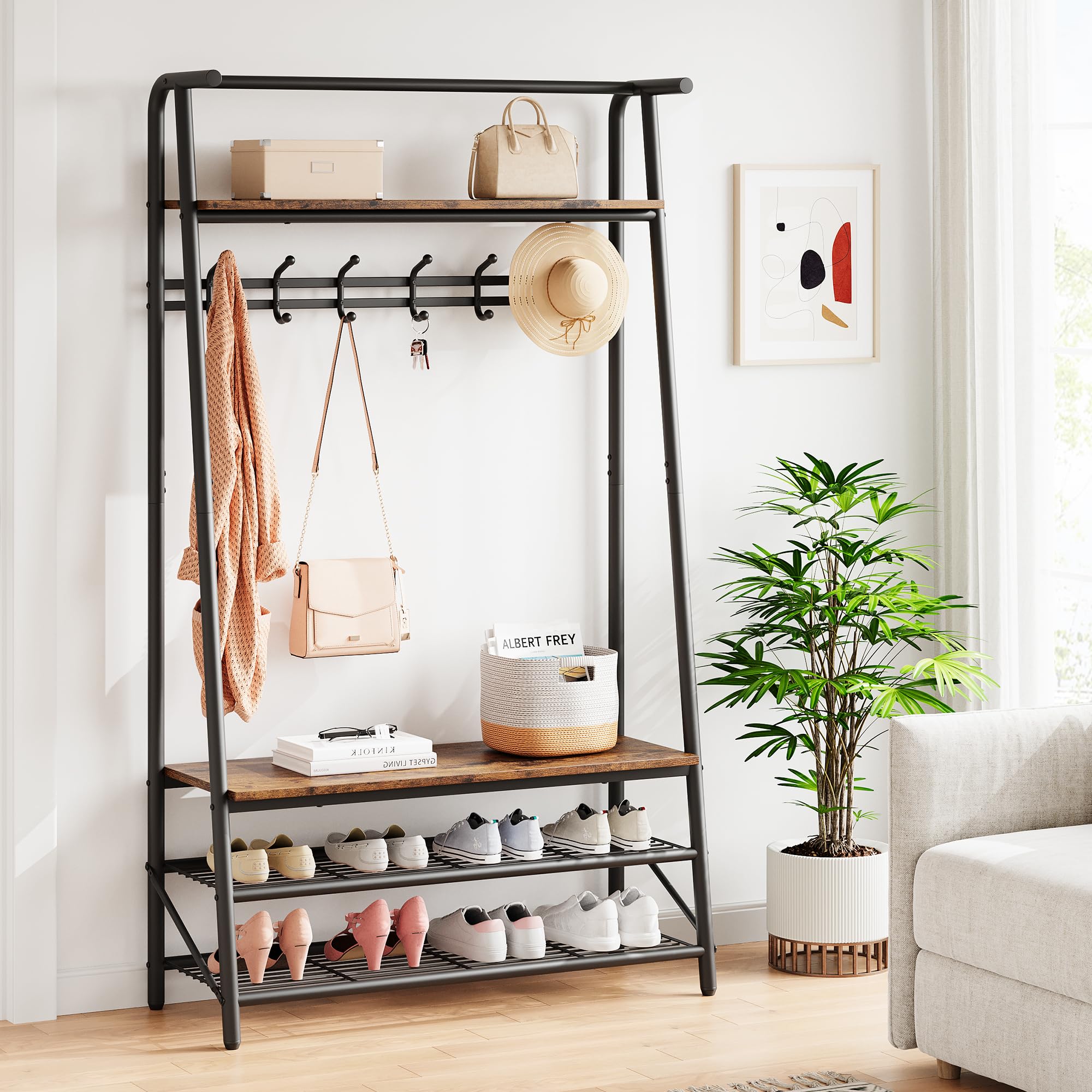 Coat Rack Shoe Bench with 6 Hooks, Entryway Hall Trees with Storage, Multifunctional Hallway Organizer, Wood Look Accent Furniture with Metal Frame, 4-in-1 Hall Trees Shoe Bench (6 Hooks-39.4 In)