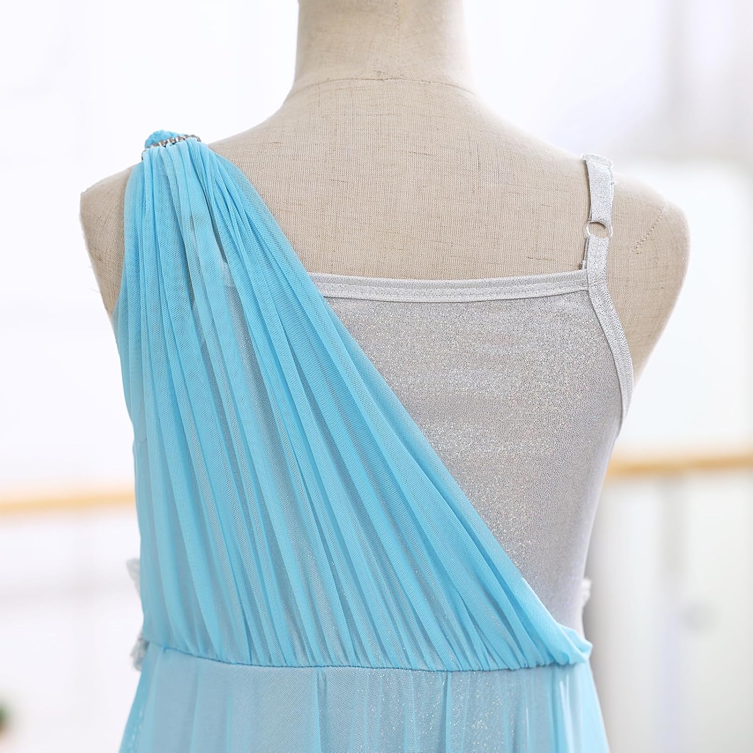 Girl Lyrical Dance Dress One Shoulder Kids Contemporary Dance Outfits Metallic Bodice Flowy Asymmetrical Tulle Skirt