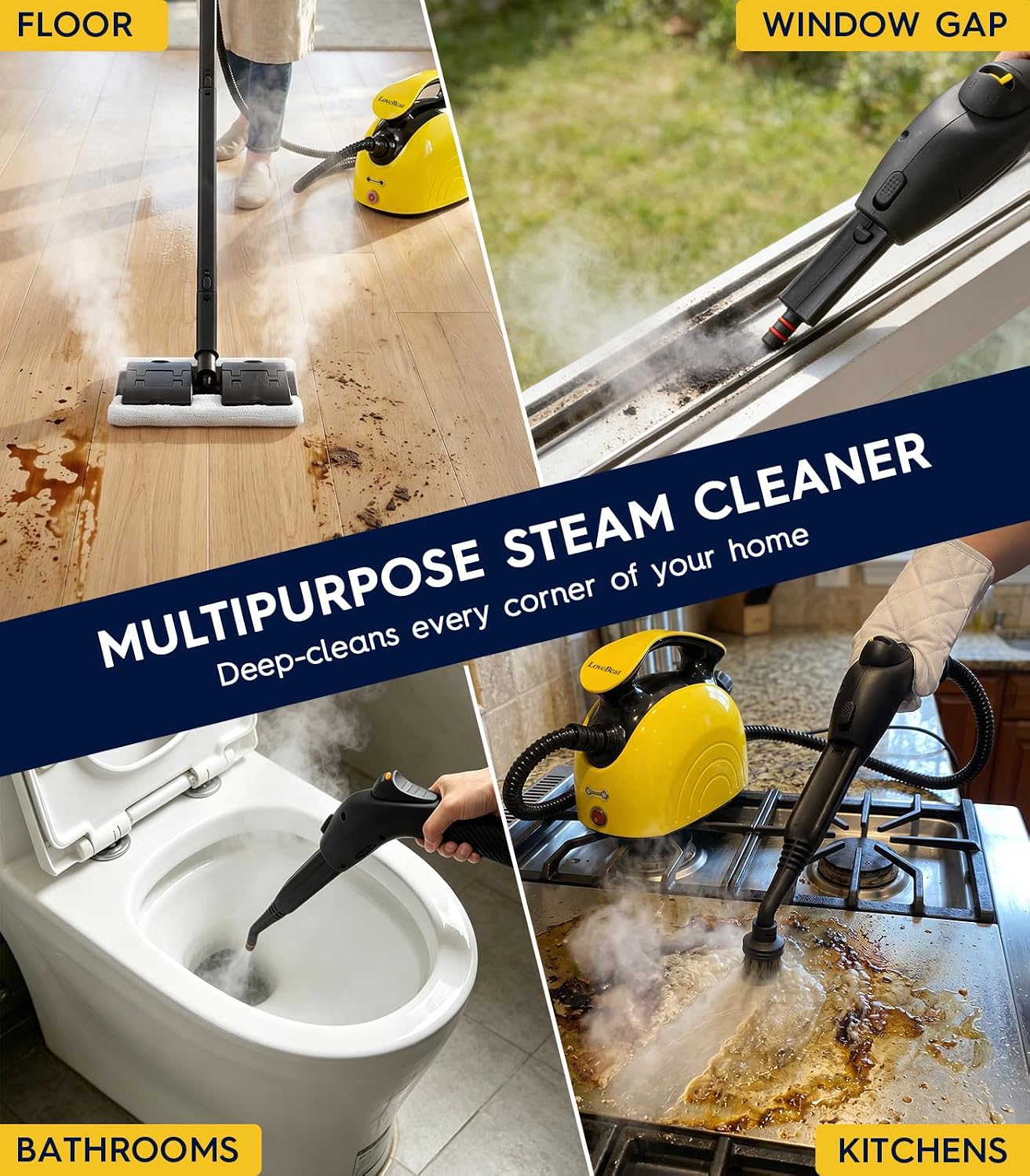LoveBeat Handheld Steam Cleaner comes with 21 accessories and reaches a maximum temperature of 248°F, suitable for floors, sofas, grills and more.