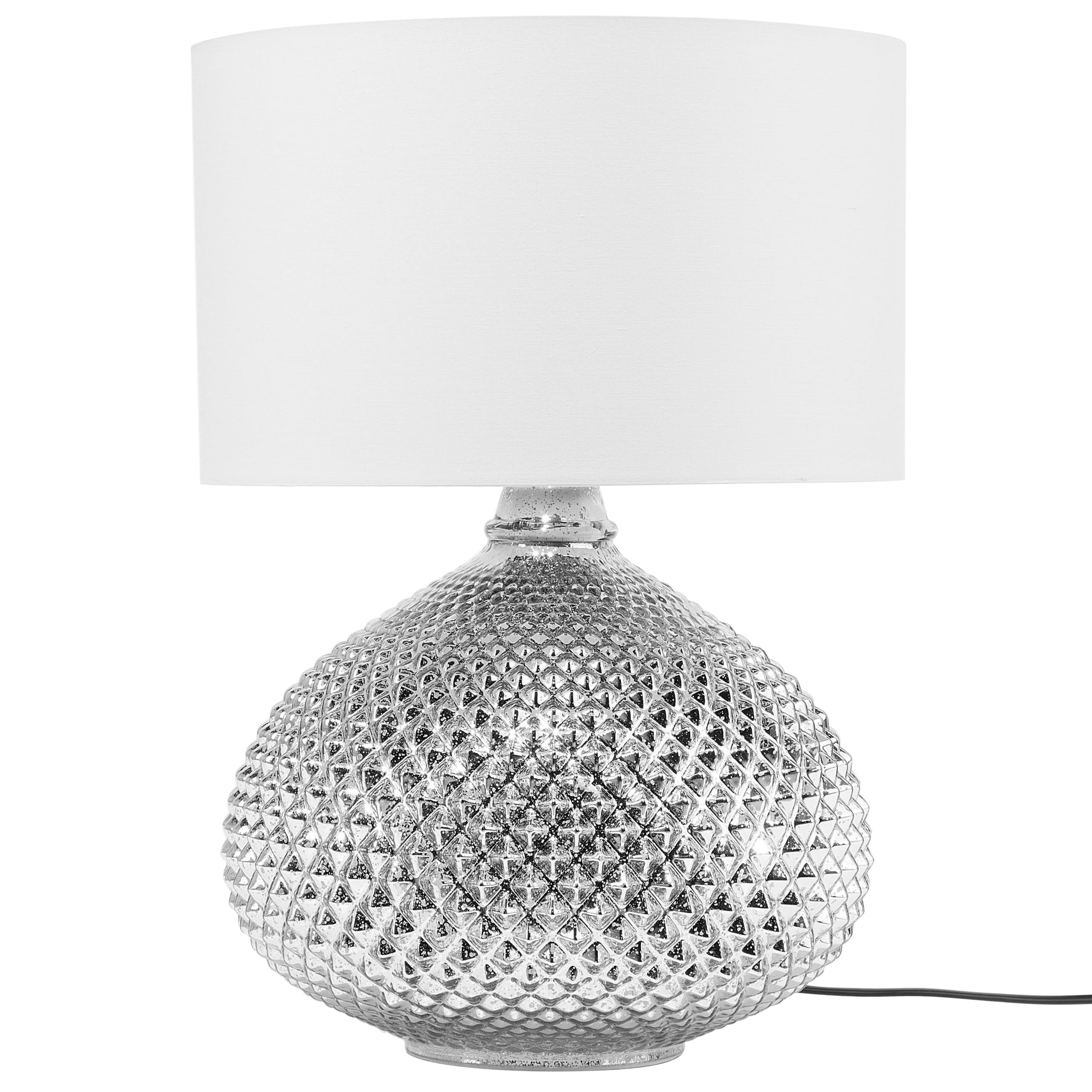 Beliani Lámpara de mesa plateada con pantalla blanca 55 cm base de vidrio de brillo intenso estilo glamour Madon