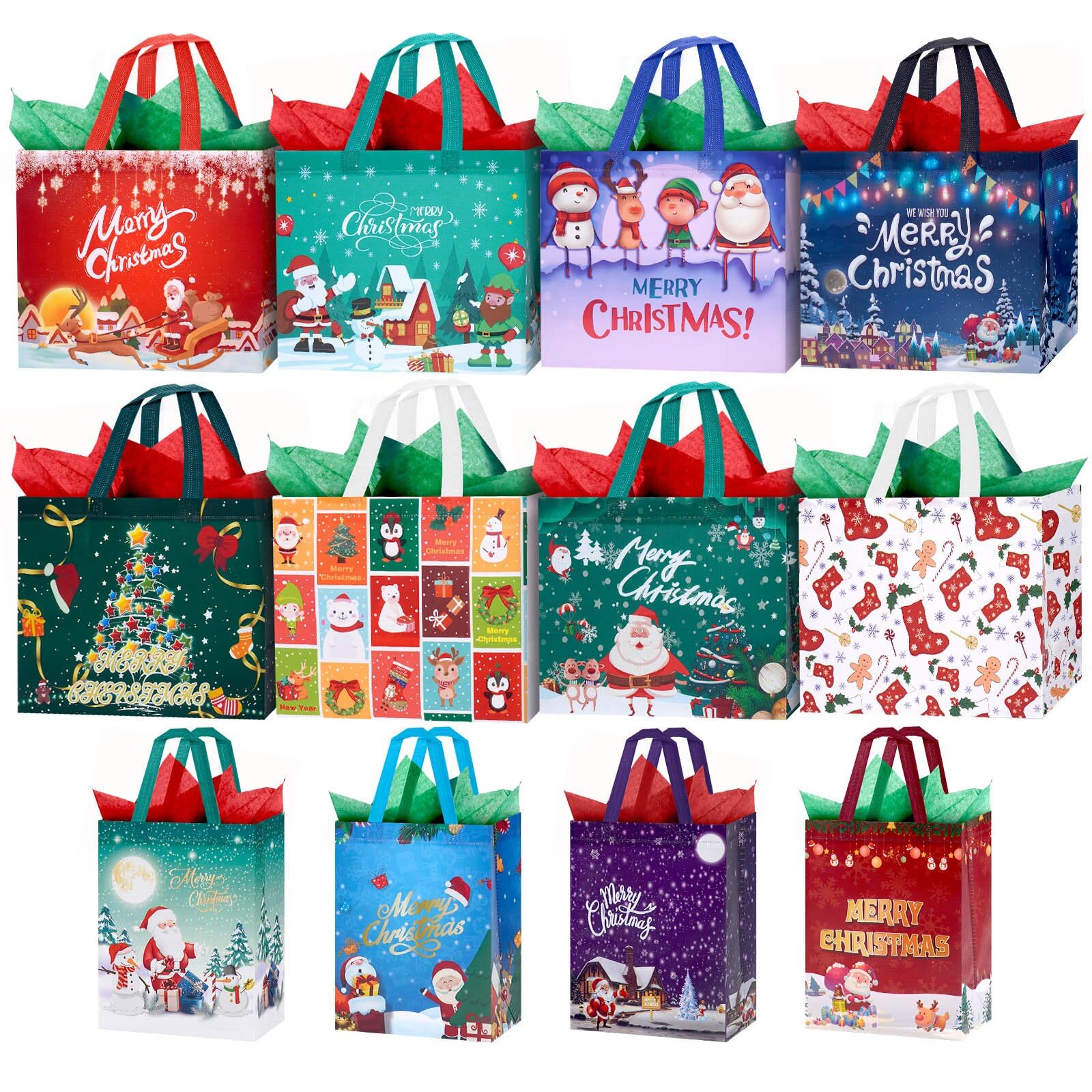 24 Pack Christmas Bags with Tissue Paper, Reusable Tote Bags with Handles Includes 16 Large 13",8 Medium 10" Non-Woven Christmas Bags for Xmas Party Supplies