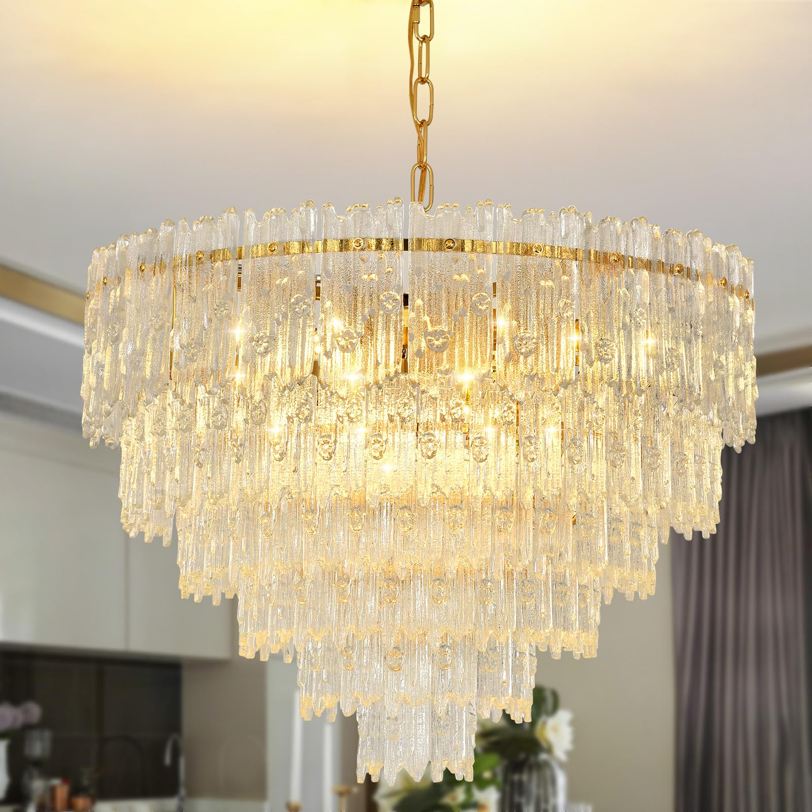 KUNYEEE Modern Crystal Chandelier, Round Glass Raindrop Luxury Pendant Light 6-Tiers Ceiling Hanging, Gold Chandeliers Fixture for Dining Room Living Room E14 x 8, Ø55 cm