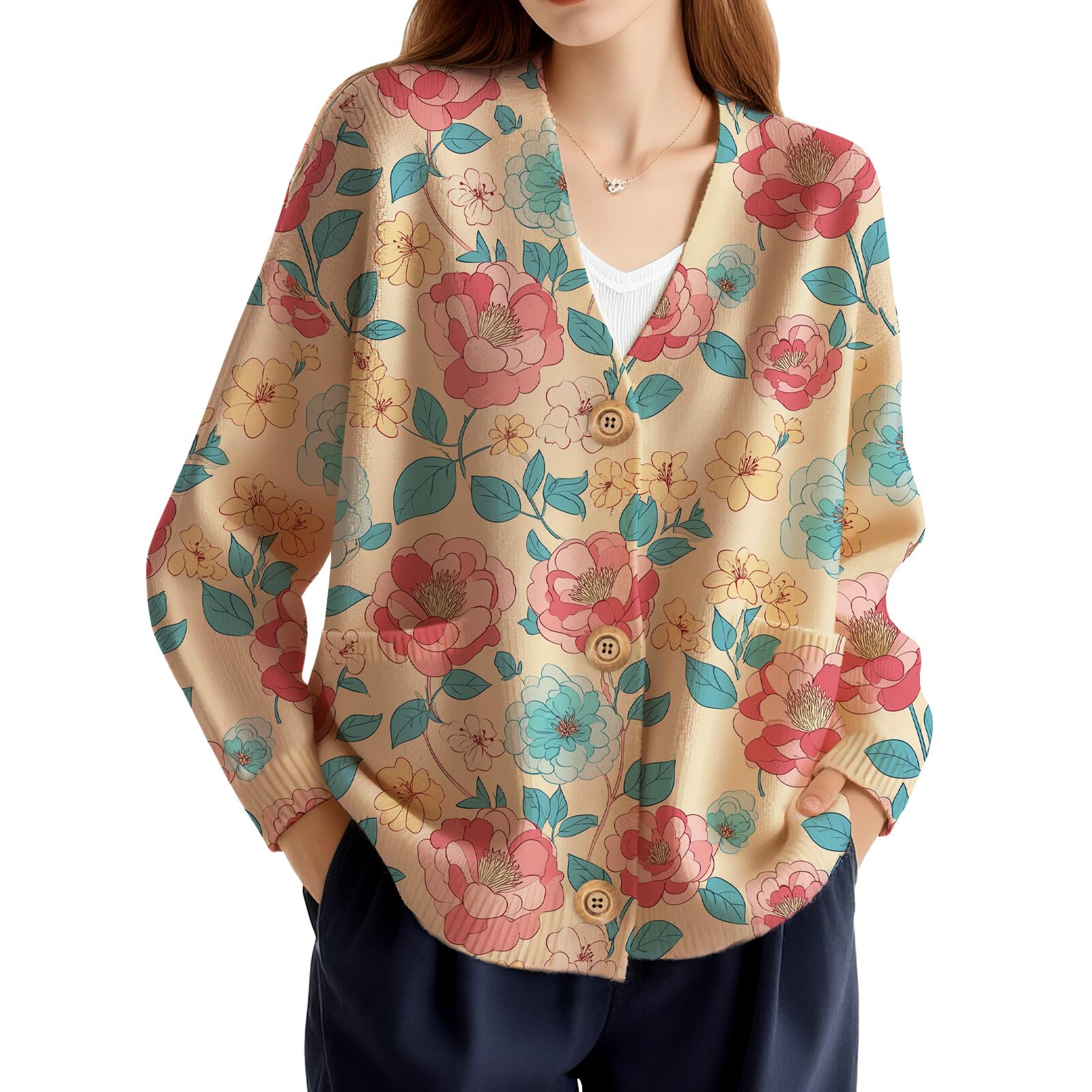 Floral Cardigans Women Cropped Graphic Cardigan Sweaters Trendy Cute Fall Chunky V-Neck Sweater Plus Size