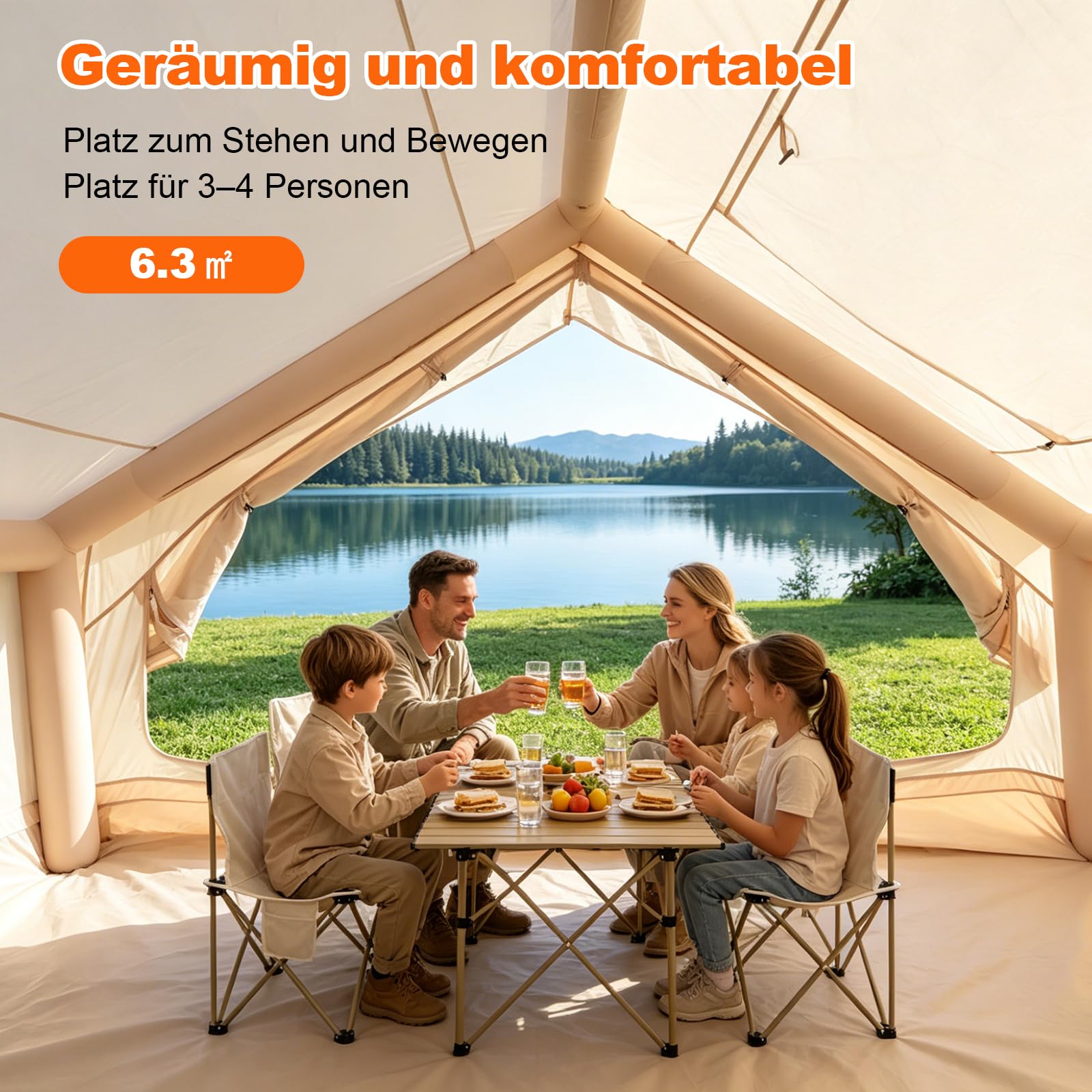 Aufblasbares Campingzelt, 300×210×200cm für 3-4 Personen, wasserdichtes 210D Oxford Gewebe, UV-Schutz, Handpumpe Heringe, Schnellaufbau in 3-5 Minuten, für Familiencamping, Outdoor Abenteuer