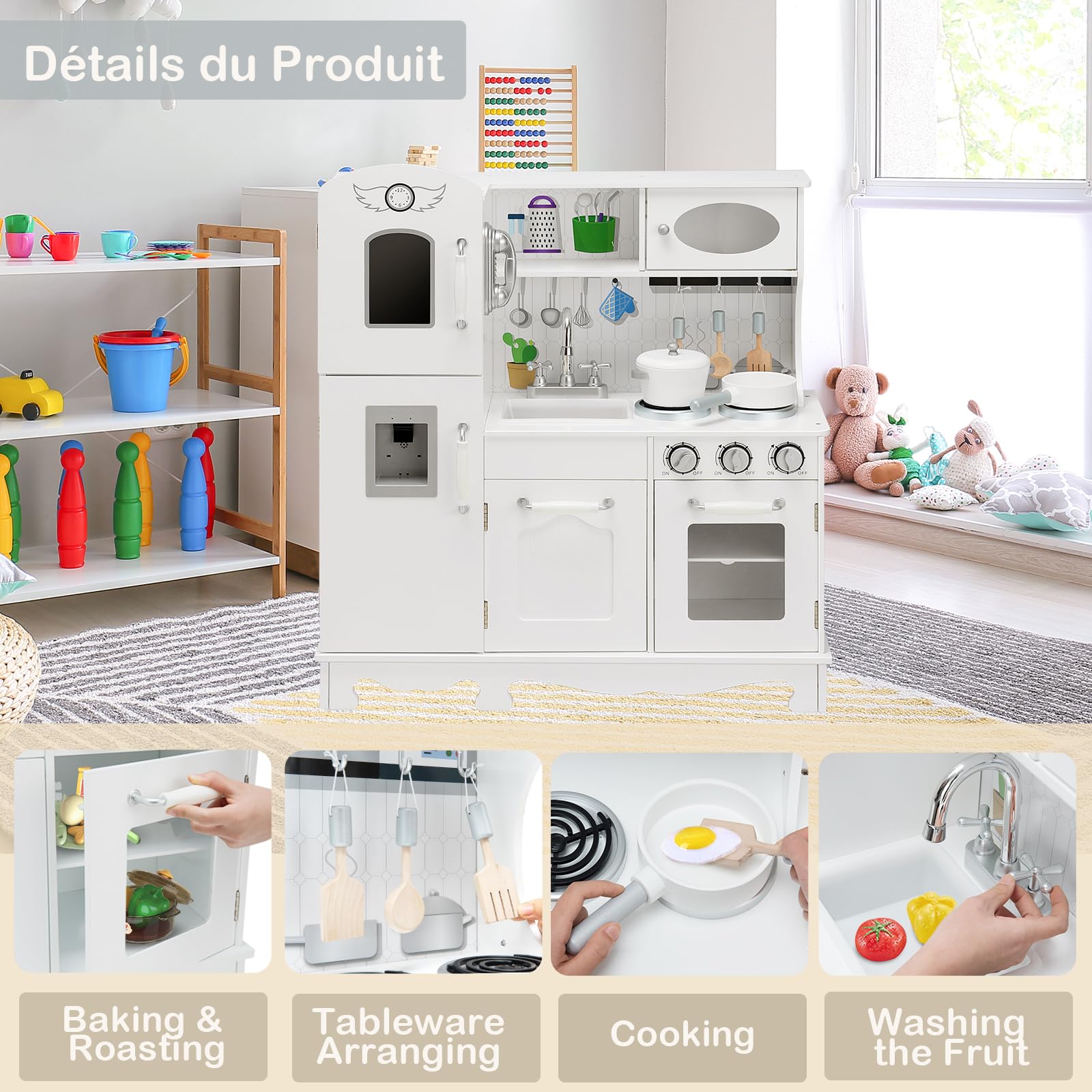 HOMASIS Kinderküche mit Licht & Sound, Spielküche mit Spielzubehör, Kinderspielküche mit Tafel Telefon Kühlschrank Spüle Herd Backofen, Spielzeugküche Holz, Küchenspielset für Kinder ab 3 Jahre, Weiß