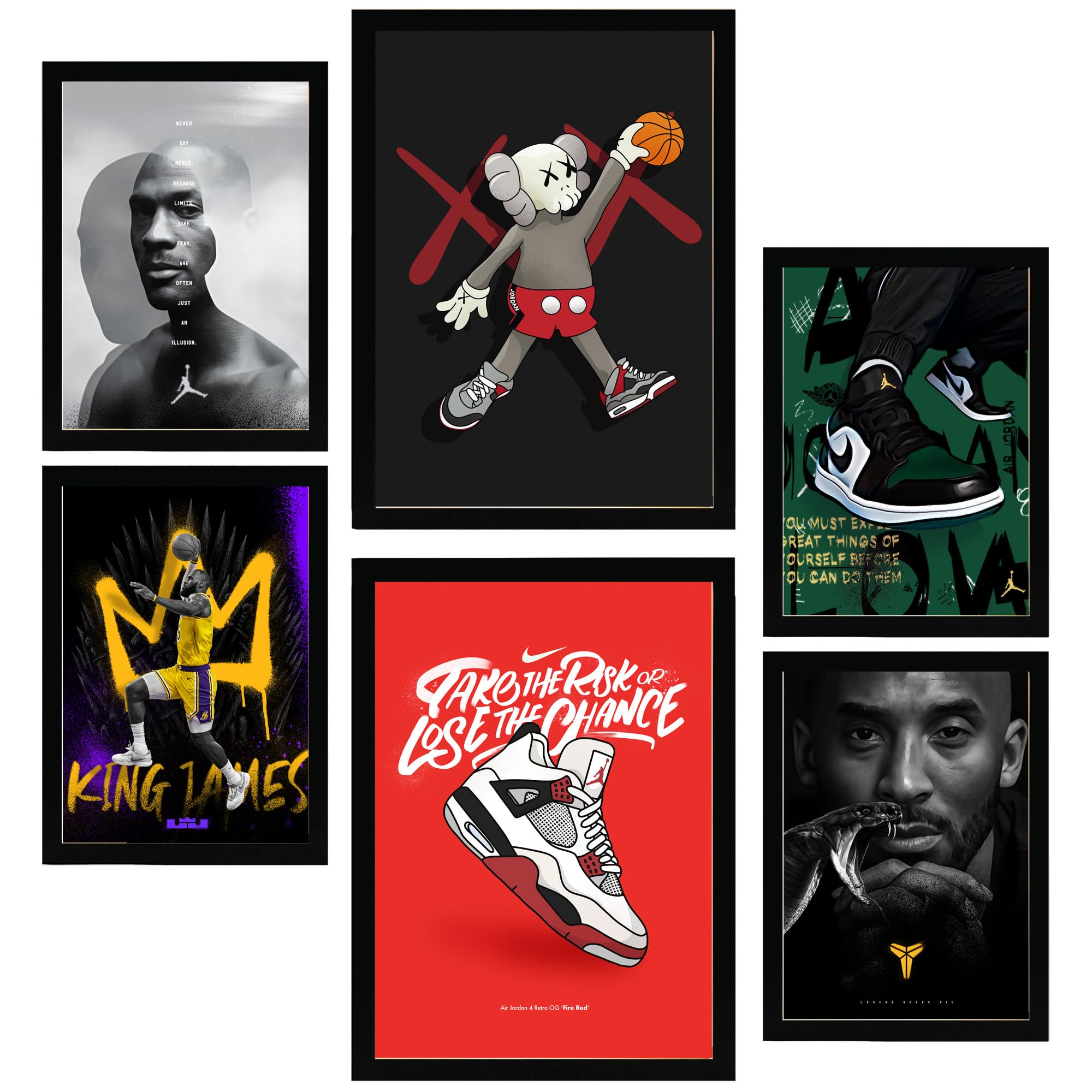 Nacnic Set de 6 Iconic Basketball KIng James Jordan Nike Cuadros con ilustración de diseño para decorar las paredes del hogar. Habitación, oficina, tienda. A3 y A4. Marco negro