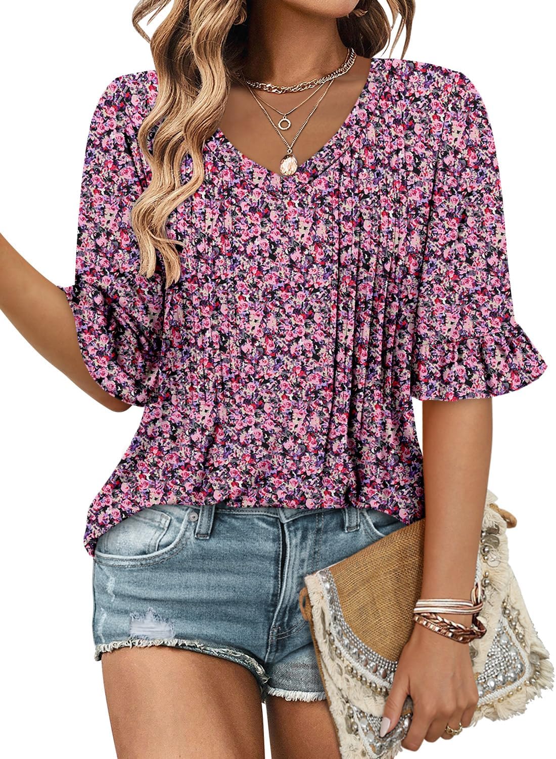 StunShow Womens Blouses Short Sleeve Summer Shirts Tunic Tops for Women Floral Women Tops Dressy Casual