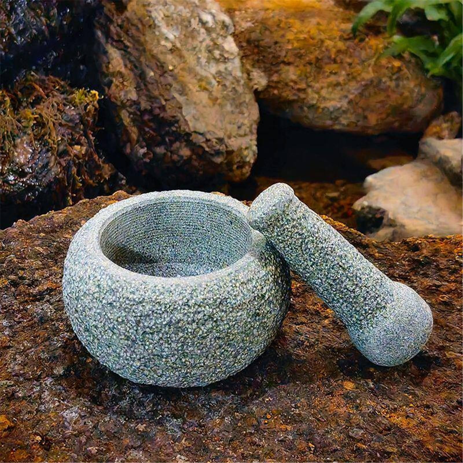 Salsas Juego de mortero y maja, molinillo especias granito resistente, gris sin pulir(Grande)