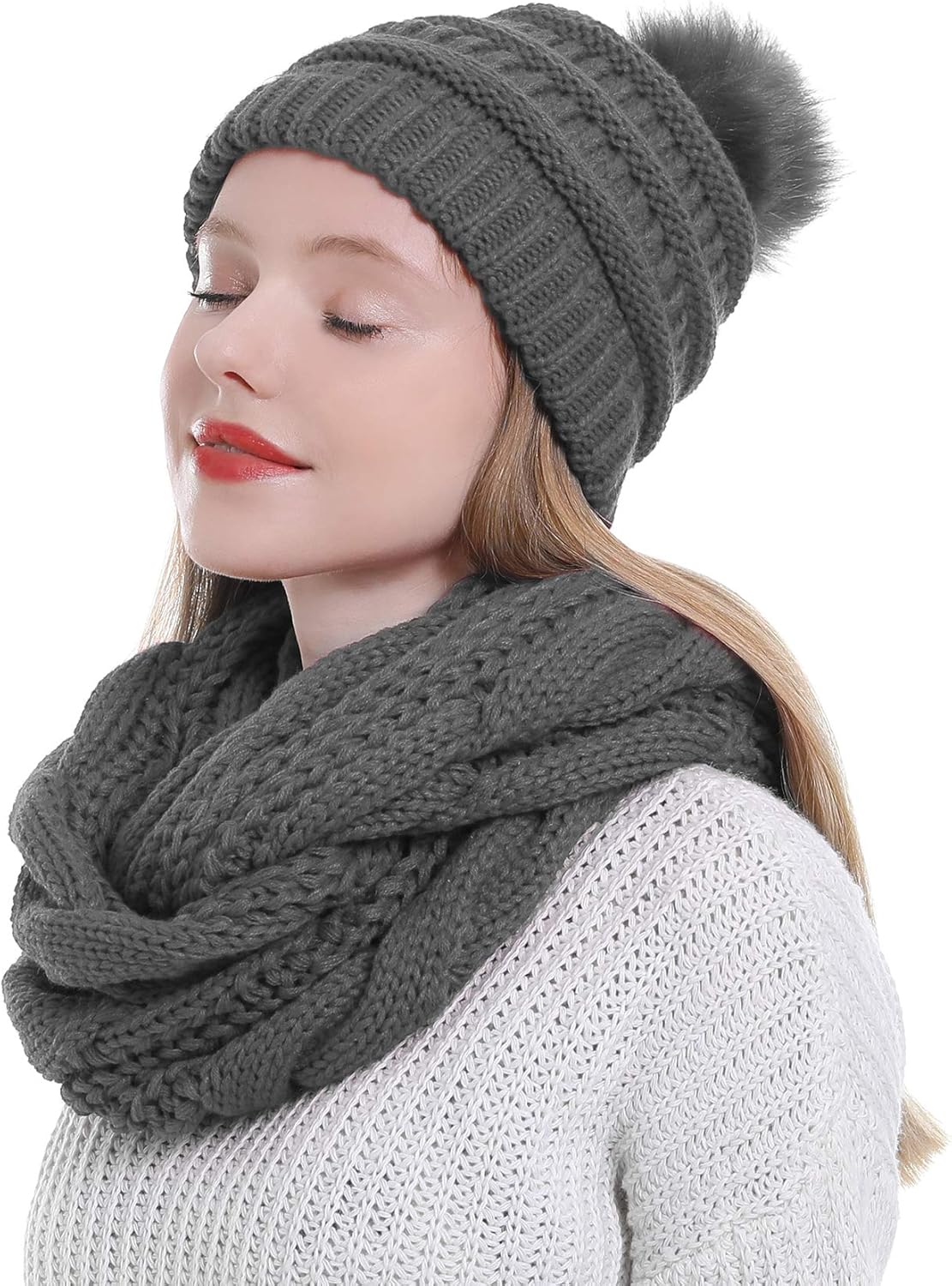 Double Couple Winter Scarf and Hat Set for Women Thick Cable Knitted Circle Loop Infinity Scarfs and Warm Beanie Hat - Image 7