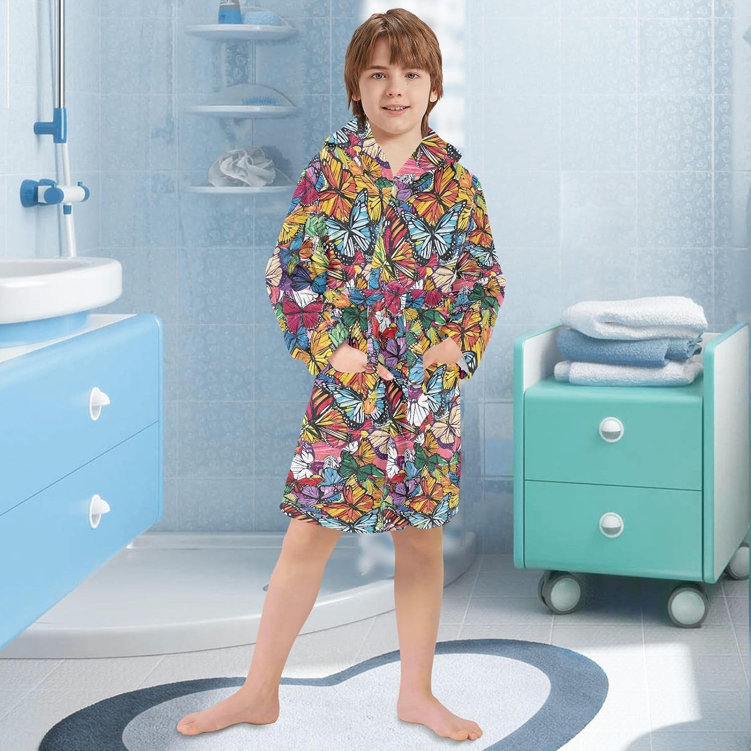 senya Abstract Butterflies Background Toddler Hooded Bathrobe Kids Soft Plush Bath Towel Robes for Boys Girls 2-12 Years
