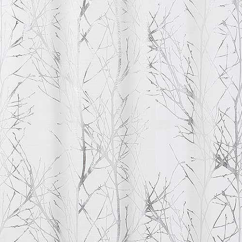 Miniatura 8 de FMFUNCTEX Cortinas metálicas con ojales para dormitorio, sala de estar, 54 pulgadas, estampado de árbol blanco y plata metálico, cortinas