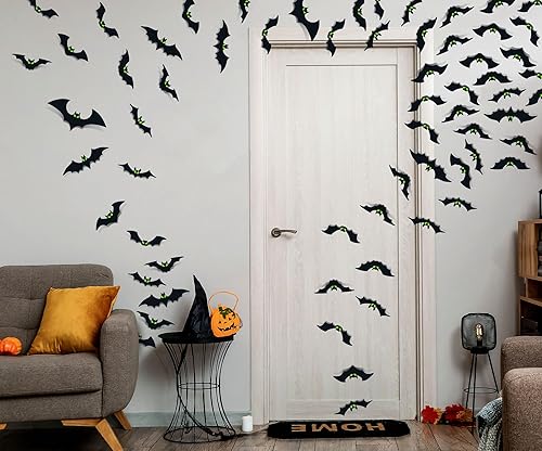 Miniatura 5 de Decoraciones de Halloween, 56 murciélagos 3D espeluznantes con ojos brillantes para decoración de fiestas en interiores y exteriores, calcomanías