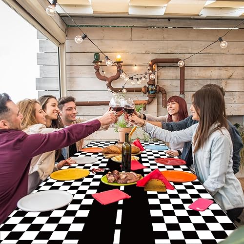 Miniatura 5 de Qyeahkj 6 piezas de decoración de fiesta a cuadros en blanco y negro, suministros de mantel de auto de carreras, dos fundas de mesa de cumpleaños