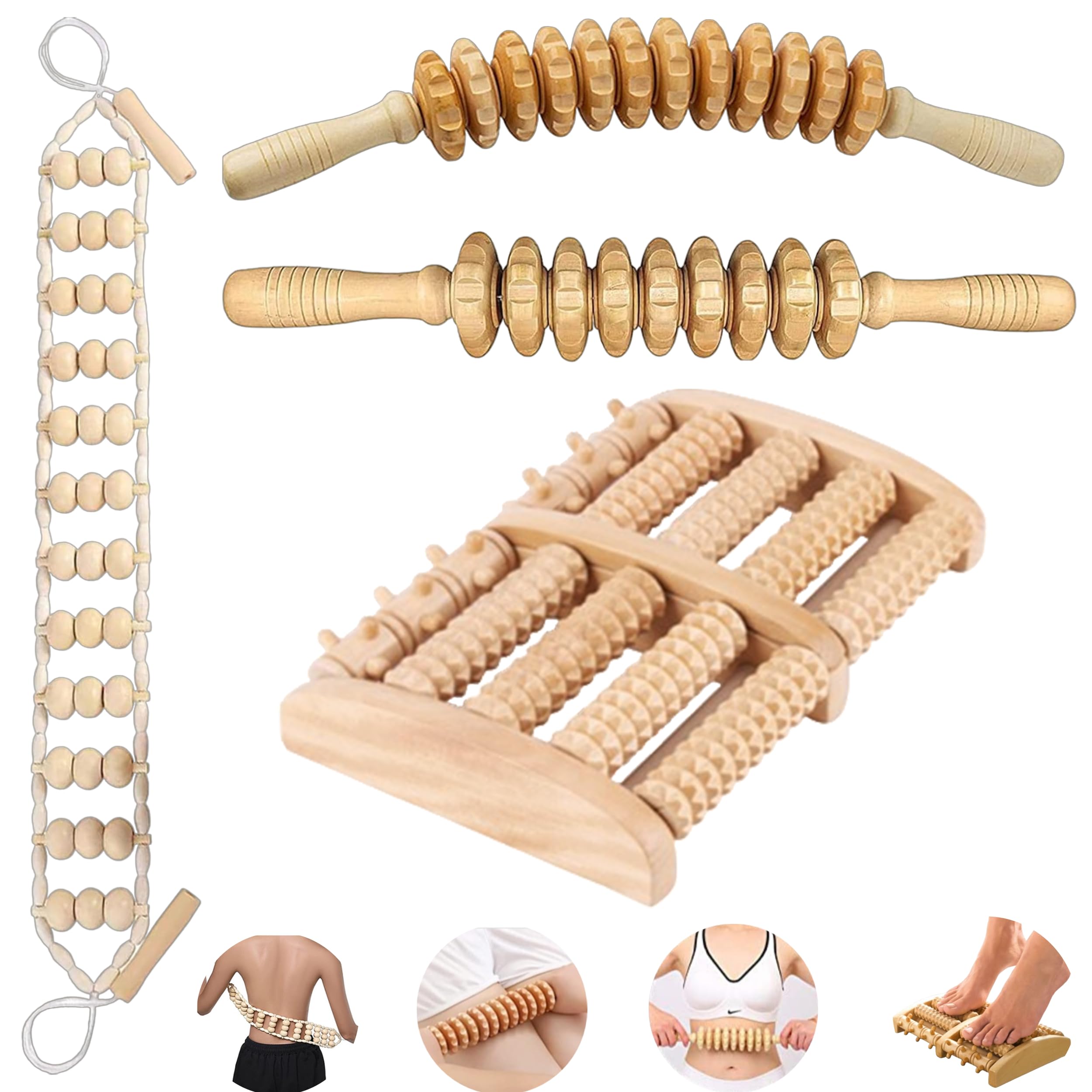 Kit rullo massaggio legno 4 in 1 piedi schiena gambe cosce spalla pancia terapia anticellulite drenaggio linfatico per scolpire alleviare il dolore muscolare per un rilassamento sicuro del corpo