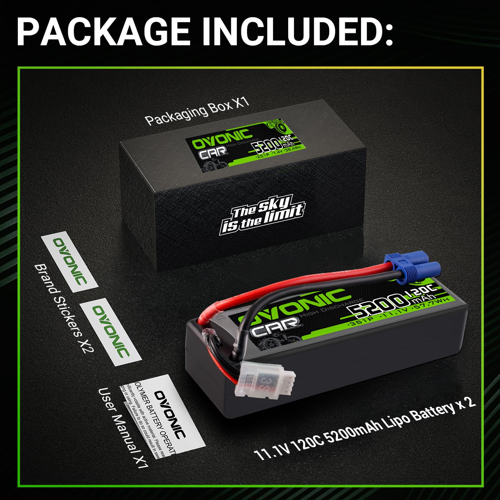 OVONIC 3s Lipo Akku 11.1V 5200mAh 120C mit EC5 Stecker Lipo Batterie für RC Auto Truck Truggy Quadcopter Hubschrauber LKW Boot Flugzeug(2PCS)