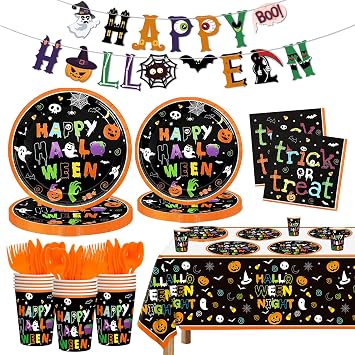 170 Pcs Spooky Happy Halloween Tableware Party Set for 24 - Themed Disposable Tableware & Decor Kit with Plates, Cups, Napkins, Forks, Spoons, Knives, Banner for Trick or Treat Favors