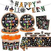 170 Pcs Spooky Happy Halloween Tableware Party Set for 24 - Themed Disposable Tableware &amp; Decor Kit with Plates, Cups, Napkins, Forks, Spoons, Knives, Banner for Trick or Treat Favors