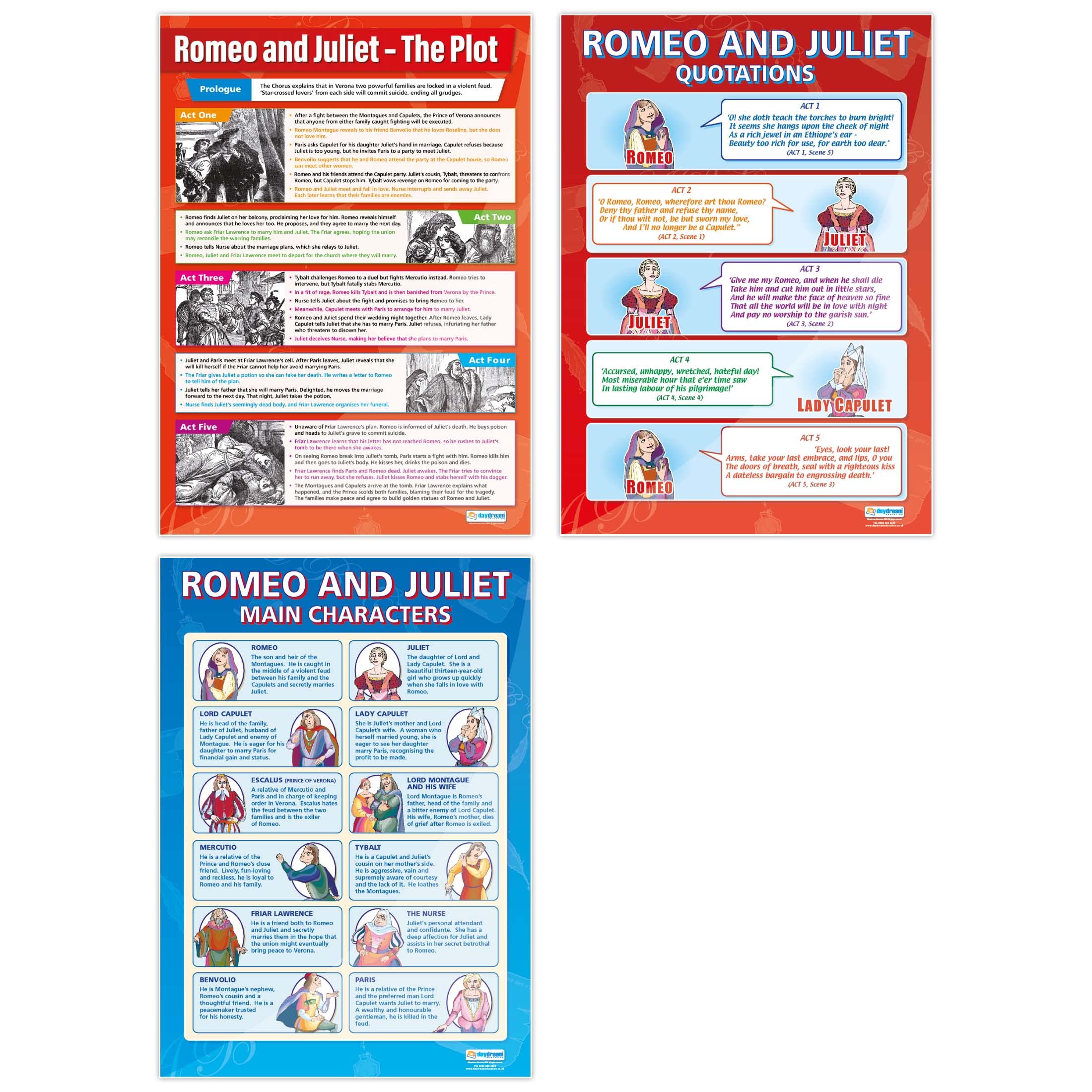 Romeo & Juliet Posters - Set of 3 | English Literature Posters | Laminated Gloss Paper 850mm x 594mm (A1) | English Lit Classroom Posters | Education Charts by Daydream Education