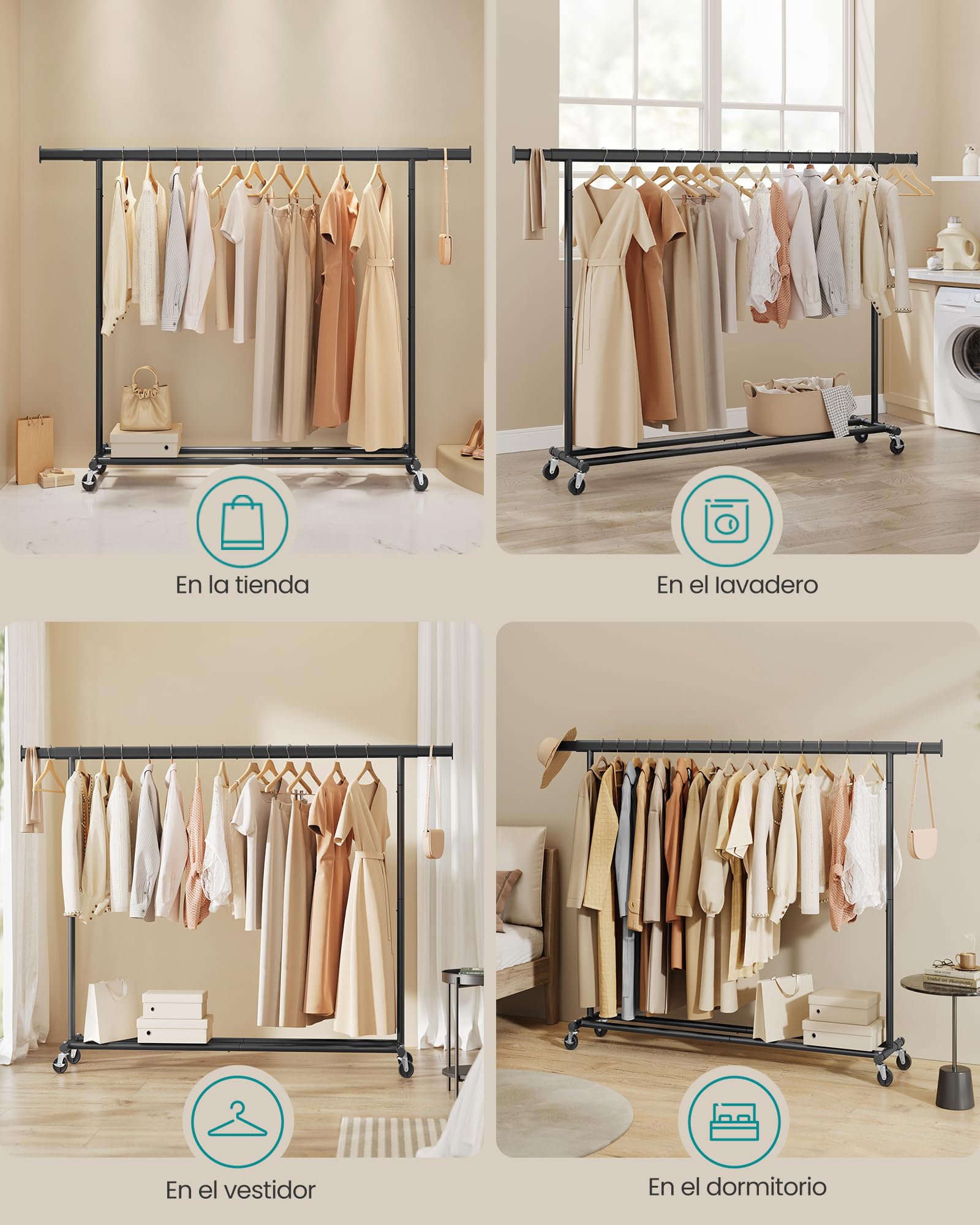 SONGMICS Burro Ropa con Ruedas, Perchero Burro Extensible con Carga Pesada, Capacidad de Carga Máx. de 150 kg, 45 x (160-200) x 161,5 cm, Fácil de Montar, Portátil, Negro HSR175B01 — view 6