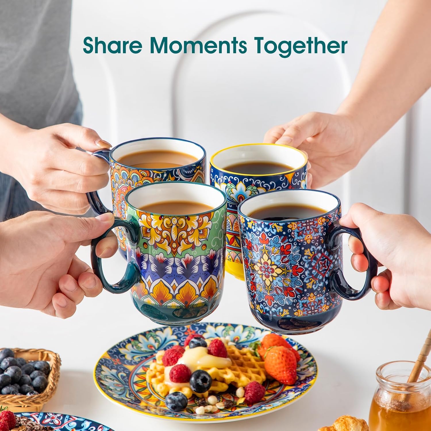 vancasso Boho Coffee Mugs Set of 6, 14 oz Ceramic Mugs with Handle, Colorful Porcelain Cups Microwave Dishwasher Safe, for Latte Tea Cappuccino Cocoa Hot Chocolate - Image 6