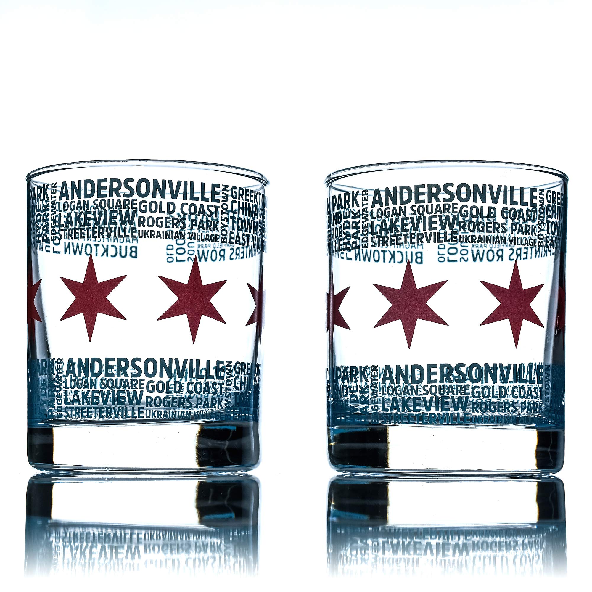 Greenline GoodsWhiskey Gl - 10 Oz Tumbler Set for Chicago lovers, Chicago Flag & Neighborhoods | Old Fashioned Rocks Glass - Set of 2