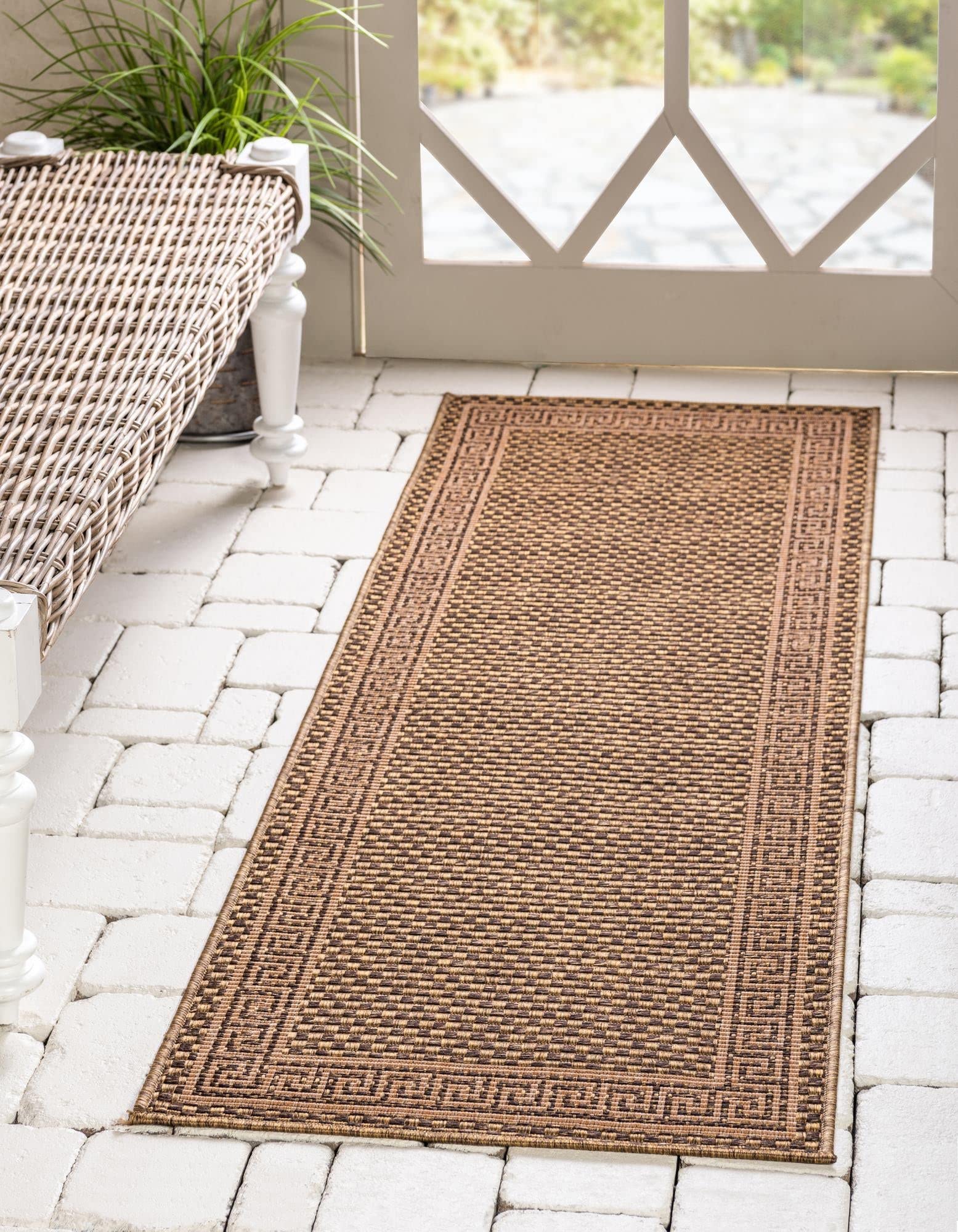 Rugs.com Outdoor Border Collection Rug – 2' x 6' Runner Brown Flatweave Rug Perfect for Hallways, Entryways