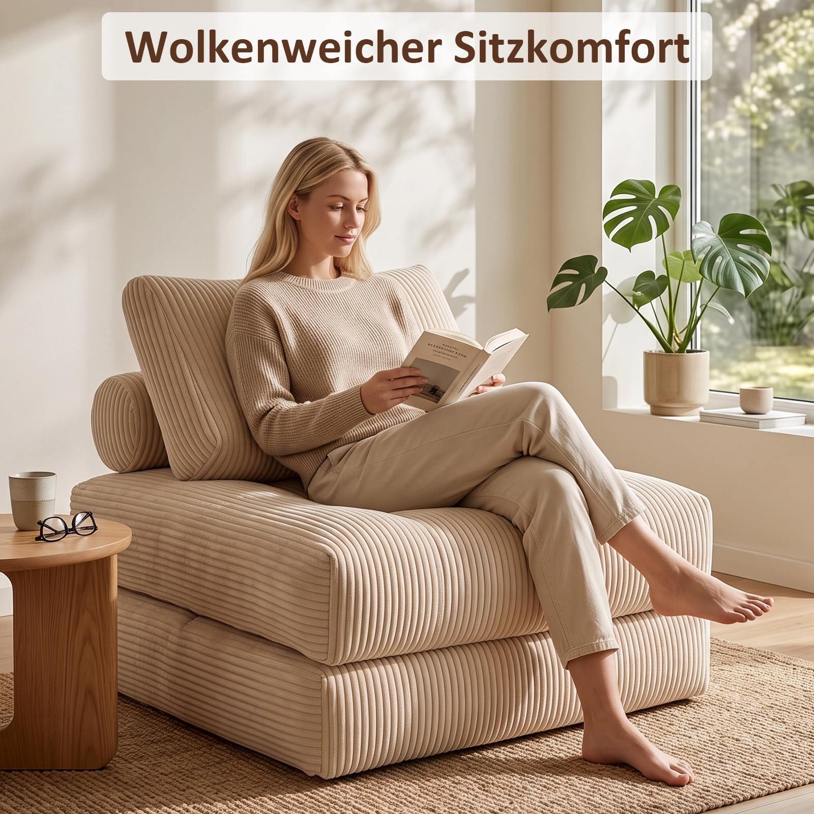 EVLIQUIL Klappbares Schlafsofa, Wandelbett & Sitzsackcouch (Beige)