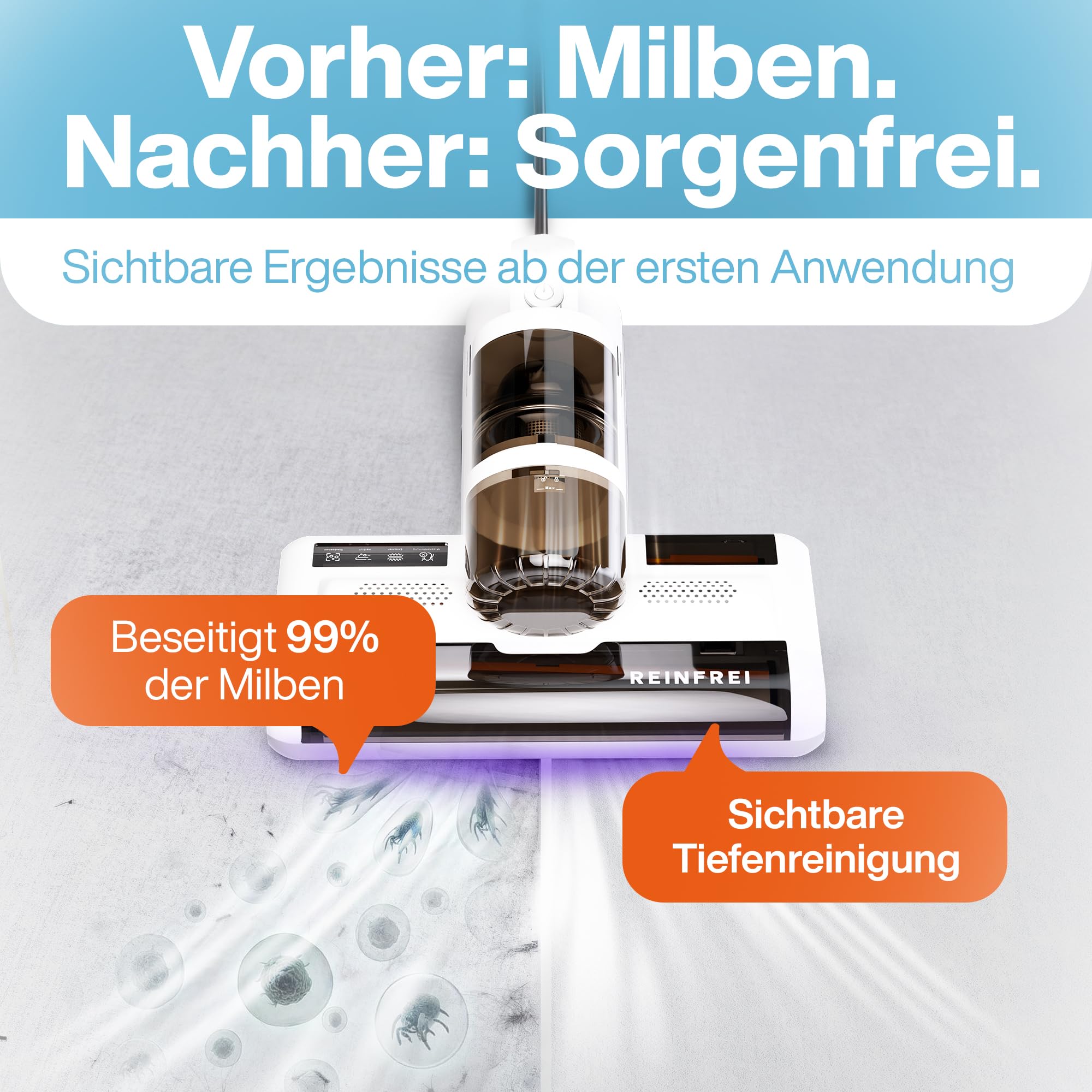 Milbensauger für Matratzen – 600W Matratzensauger gegen Hausstaubmilben – Matratzensauger Milben mit Heißluft, Ultraschall & Vibration – Bett Staubsauger mit Zwei Bürsten & 5m Kabel