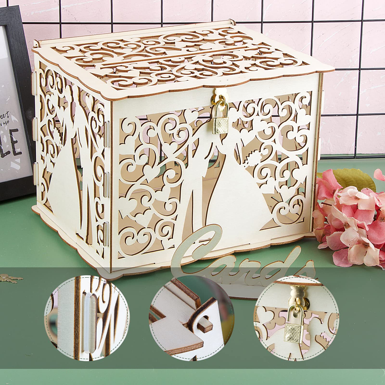 Scatola di Carte di Nozze in Legno Scatola per Cartoline di Nozze con Serratura per Regalo Matrimonio Compleanno Baby Shower Laurea Anniversario Ricevimento