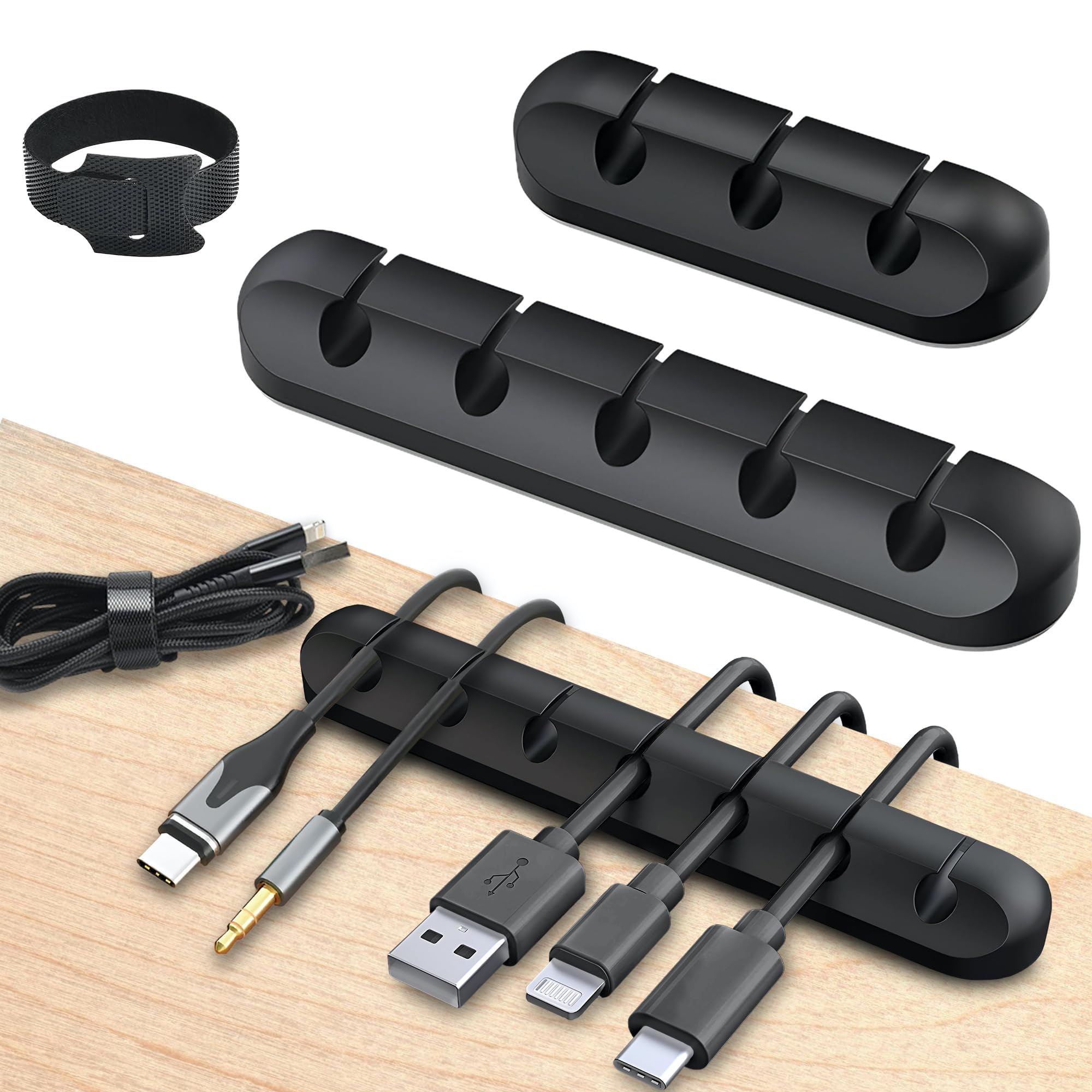 AG LogiShop Set 3 Organizador de Cables Escritorio + 10 Bridas Reutilizables | Sujeta Cables Adhesivo para Ordenar Cables en Oficinas y Hogares (Negro)