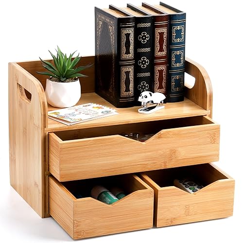 Hacaroa 3 Tier Bamboo Desktop Organizer with 3 Drawers, Mini Tabletop Craft Box Cosmetic Storage Drawer with Handle, Portable Desk Letter Mail Sorter for Office Supply, Toiletries