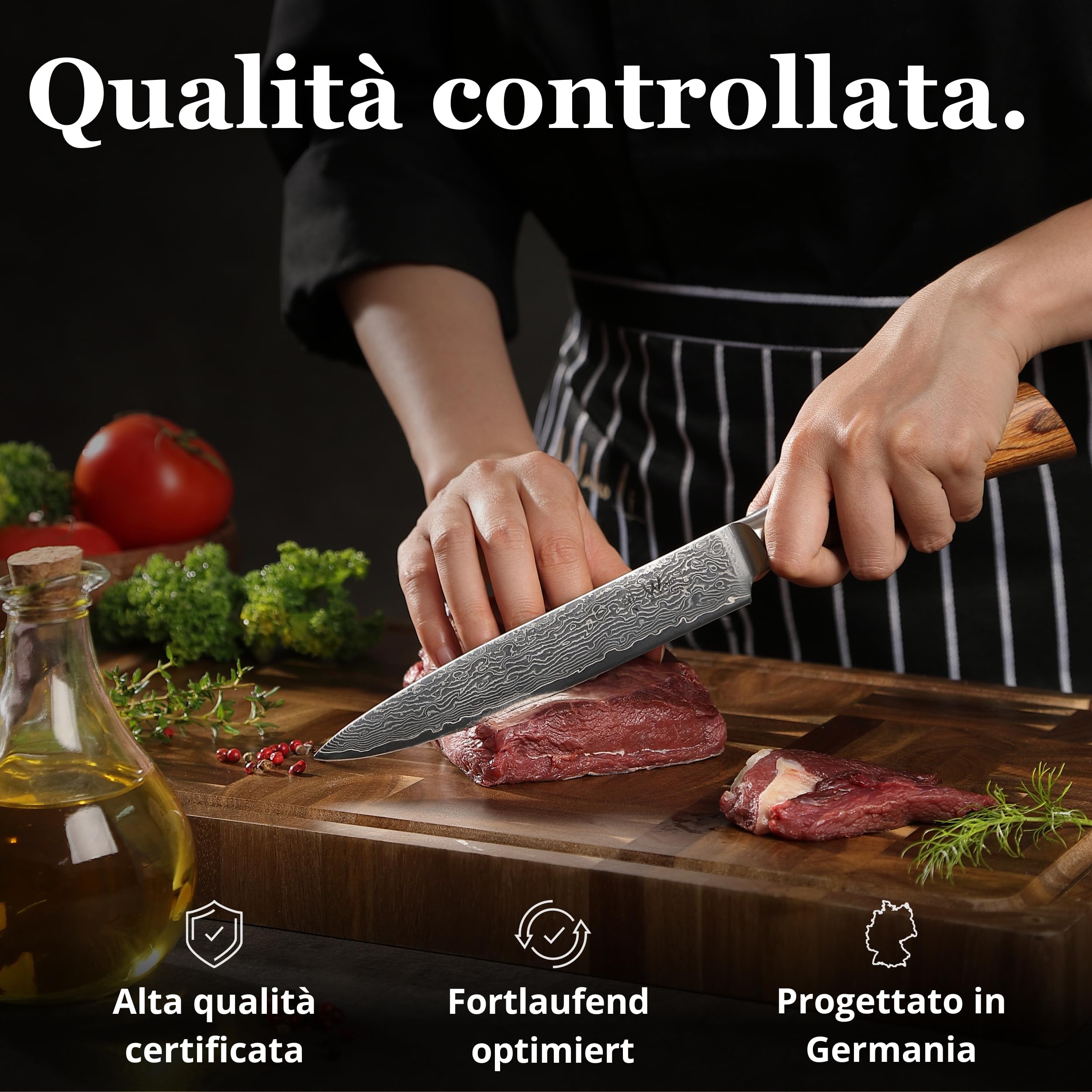 Wakoli EDIB Pro Damasco - Set di 4 coltelli da cucina in acciaio damasco a 67 strati con nucleo VG10, coltelli da chef con manici in legno pakkawood in confezione regalo