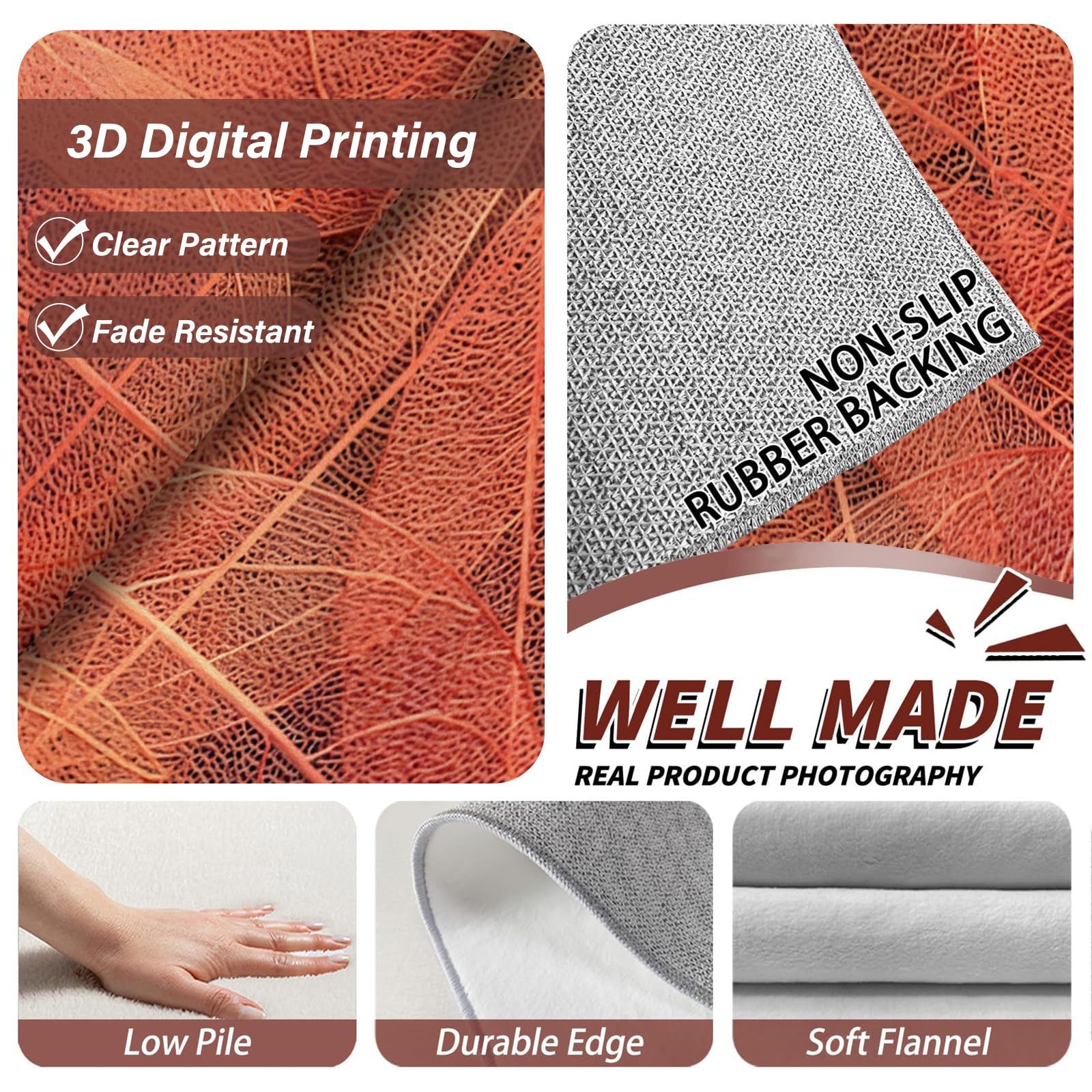 Großer waschbarer Kurzflor-Teppich 200x300 - Blätter Rot Teppiche - Naturästhetik Dünn Saugfähig Vielseitig Carpet für Wohnzimmer Schlafzimmer Oder Als Bettvorlege S&1900