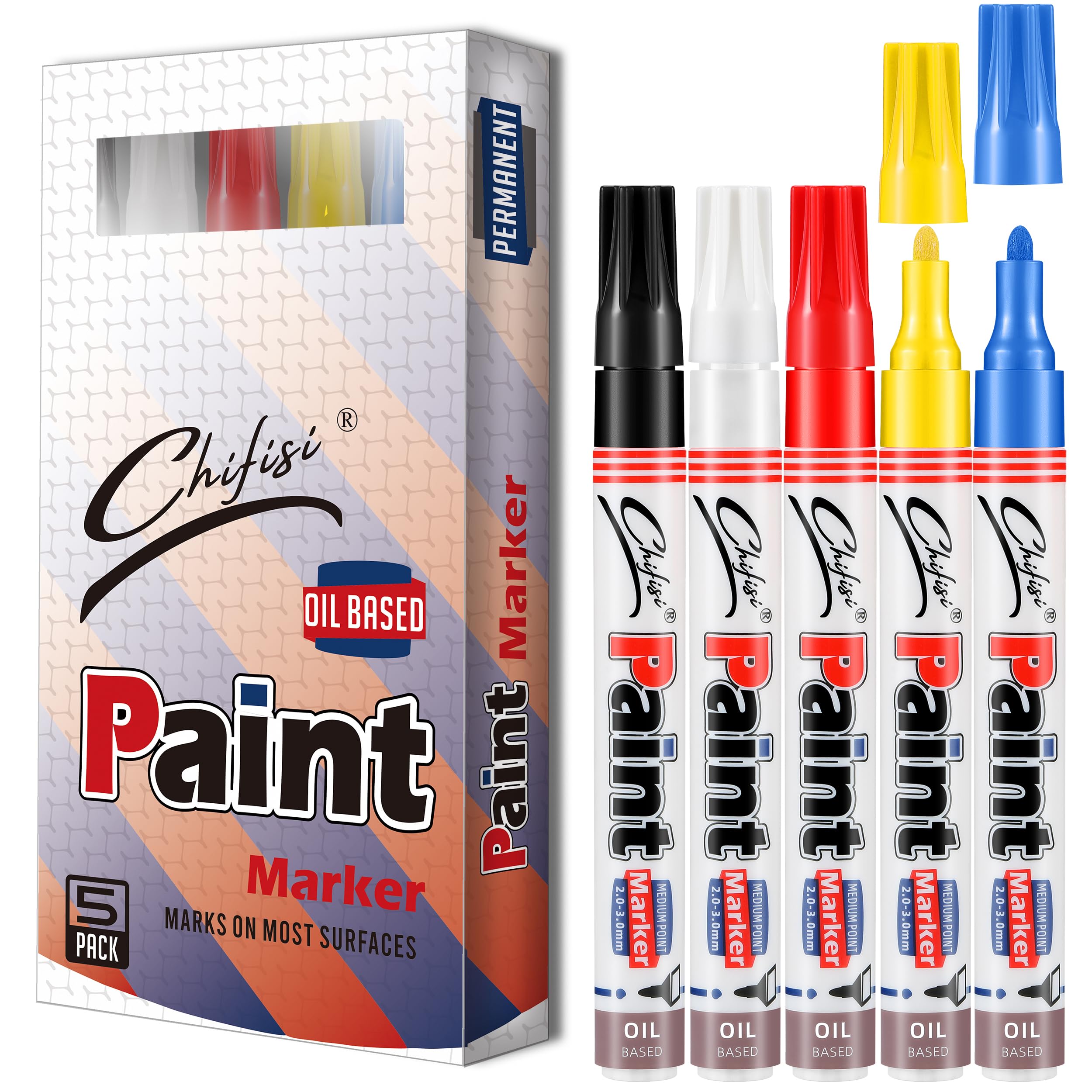 Paint Marker Pens - 5 Colors Permanent Oil Based Paint Markers, Medium Tip, Quick Dry and Waterproof Assorted Color Marker for Metal, Wood, Fabric, Plastic, Rock Painting, Stone, Mugs, Canvas, Glass