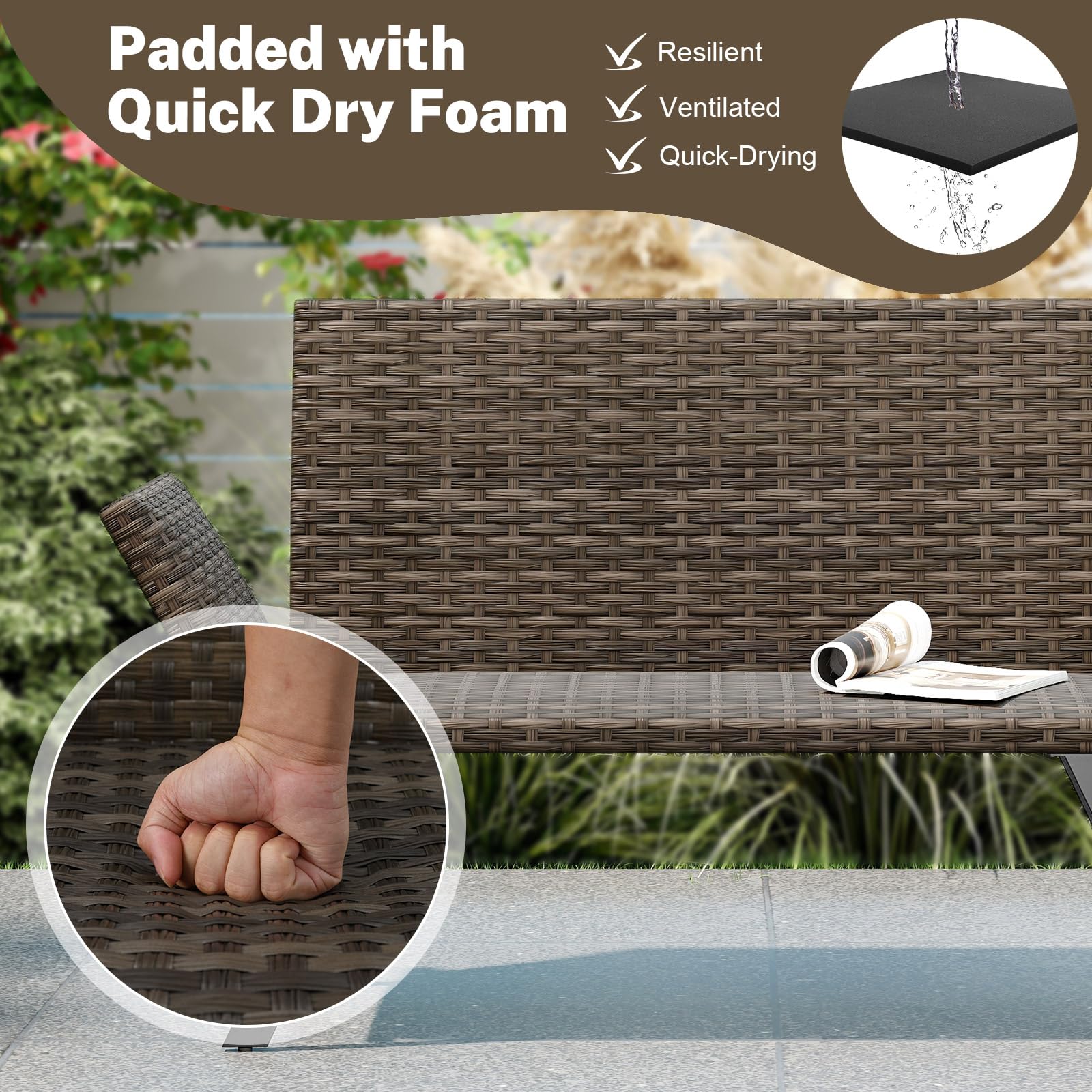 GIANTEX Divano da giardino in rattan a 2 posti, panca convertibile da esterno con braccioli regolabili, design intrecciato, lunghezza 163-178 cm, carico 300 kg, lettino da giardino per terrazza