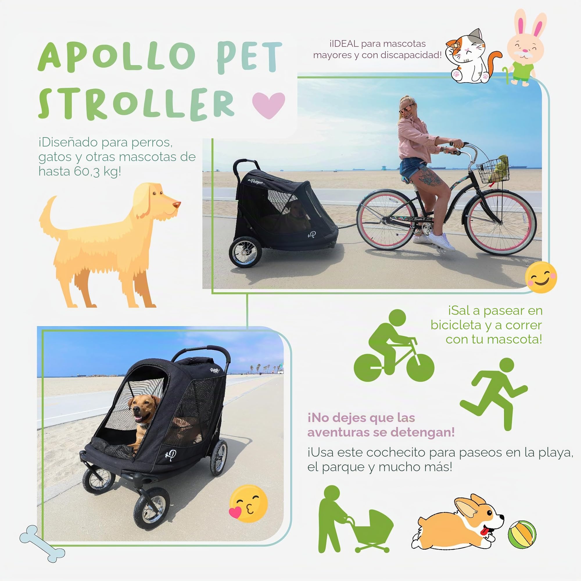 Apollo 3-in-1 Pet Stroller / Dog Buggy / Dog Pram / Dog Strollers / Dogs Pushchair / Dog Wheels / Lightweight Detachable Foldable Portable Pet Carriers Bag Jogger for Medium Large Dogs Cats Uk