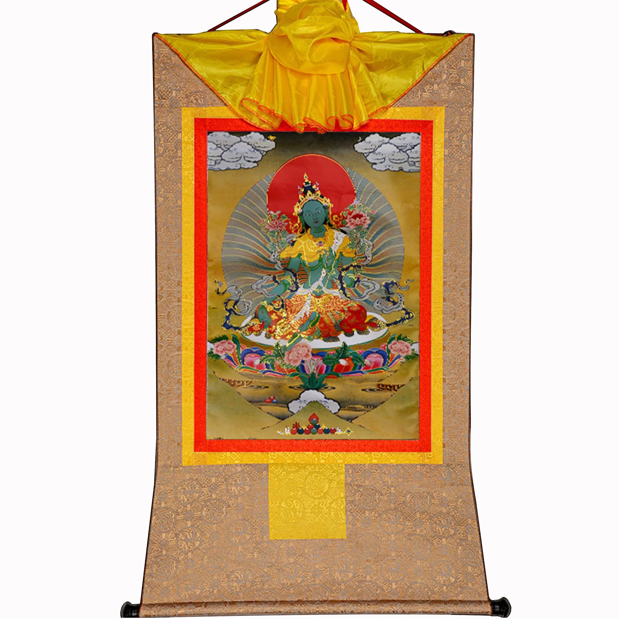 Gandhanra Tibetan Buddhist Thangka Wall Hanging,Shyama Tara,Green Tara Thangka,Hot Stamped Brocade Buddhist Tapestry for Zen Home Decor, Meditation, Spiritual Relaxation