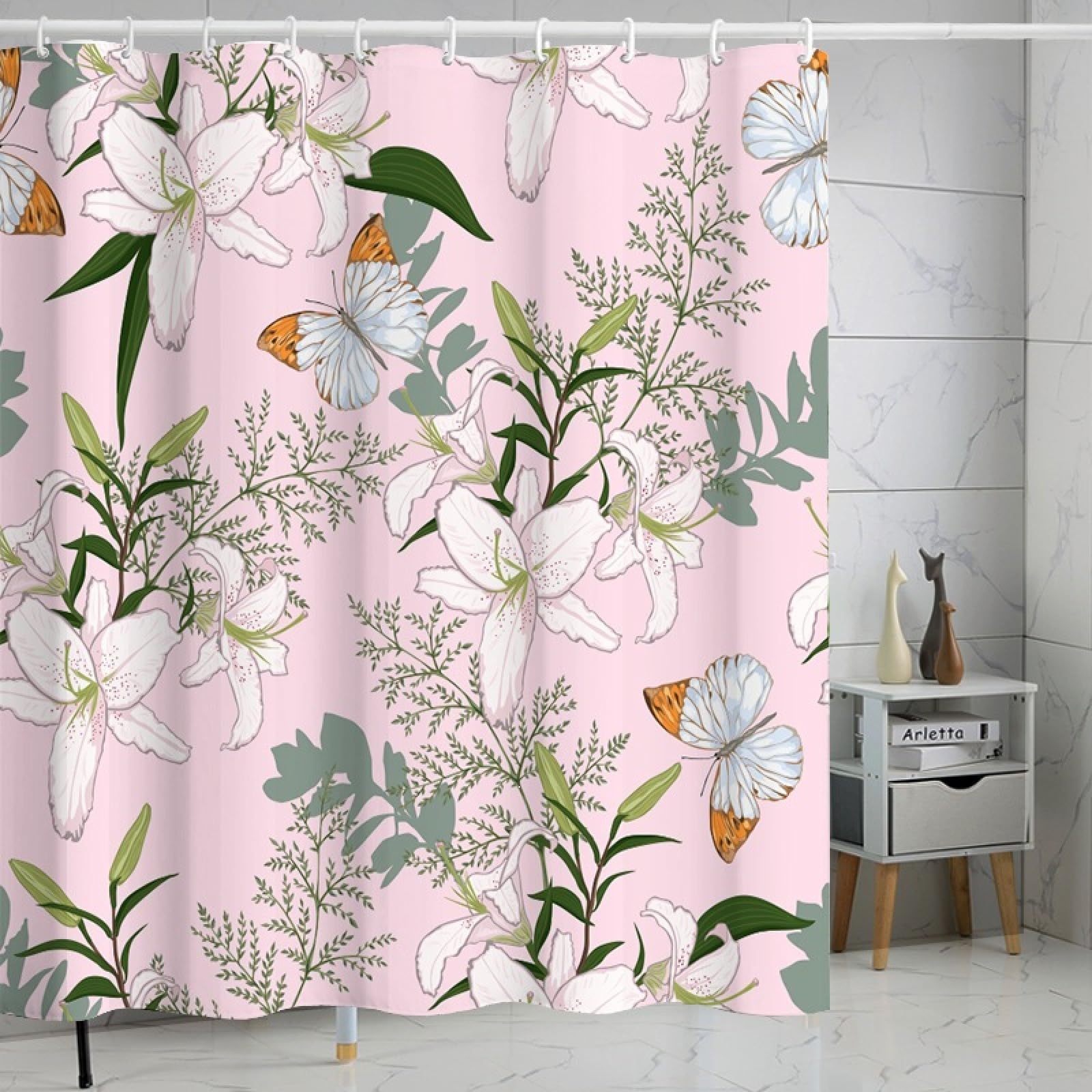 Shower Curtains Pink Butterfly Flower Wet Room Shower Curtain Mould Proof Resistant Waterproof Polyster Fabric Washable with 12 Hooks Garden Bathroom Curtains (180x200cm)