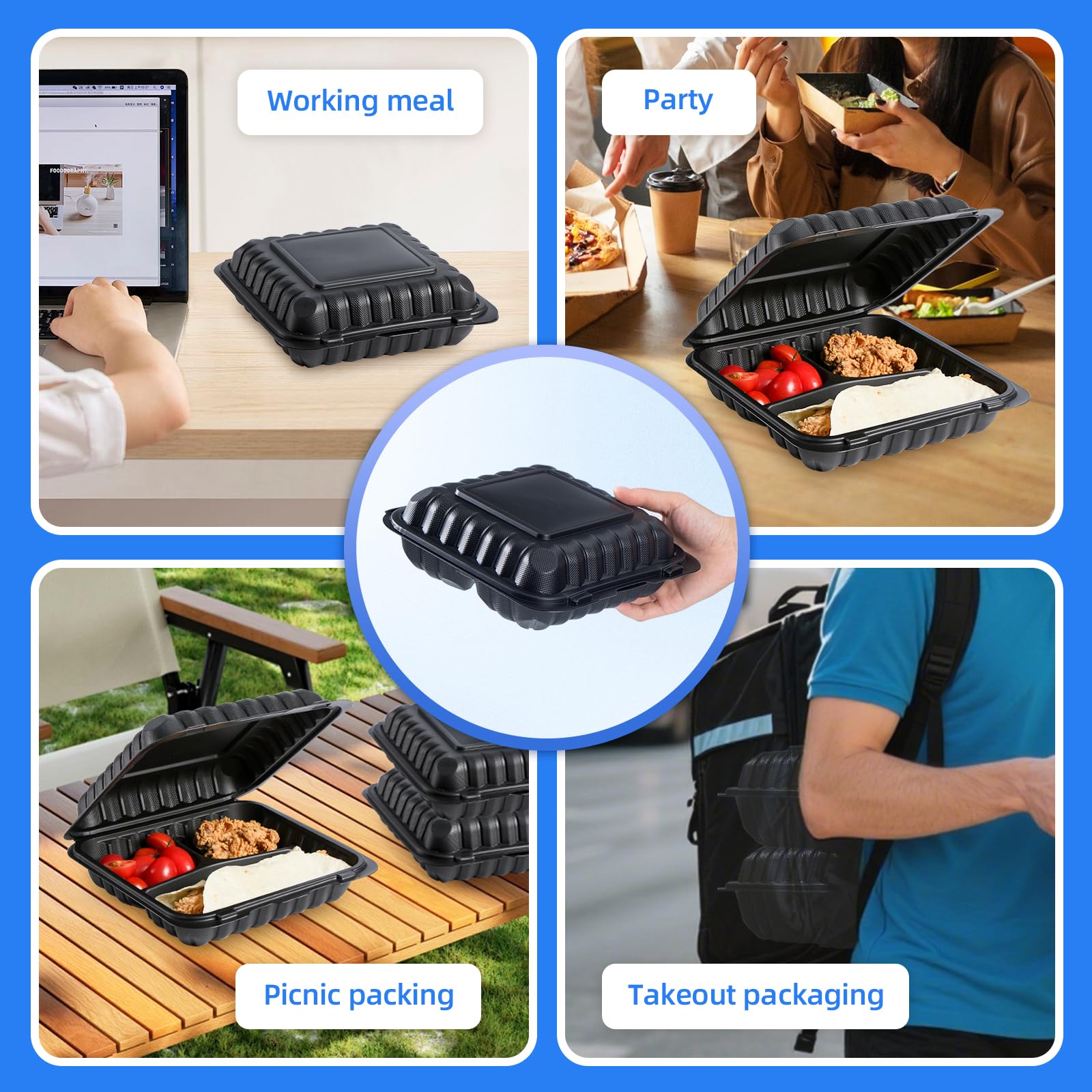 YANGRUI Contenedores de alimentos Clamshell, 3 compartimentos, paquete de 55 recipientes de 8 pulgadas para llevar, sin BPA, aptos para microondas, congelador, plástico con bisagras