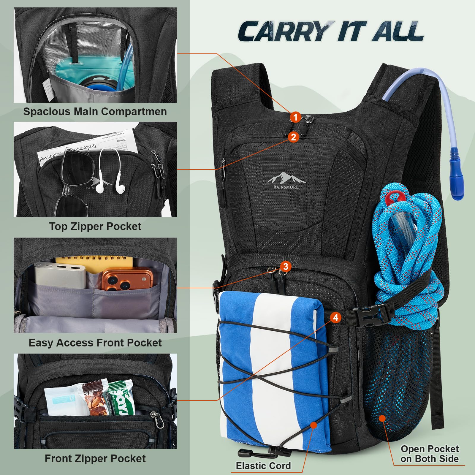 RAINSMORE Trinkrucksack mit 2L Trinkblase Leichter Wanderrucksack Rucksack mit Trinksystem für Herren Damen Fahrradrucksack Laufrucksack Hydration Rucksack zum Klettern Biken Bergsteigen