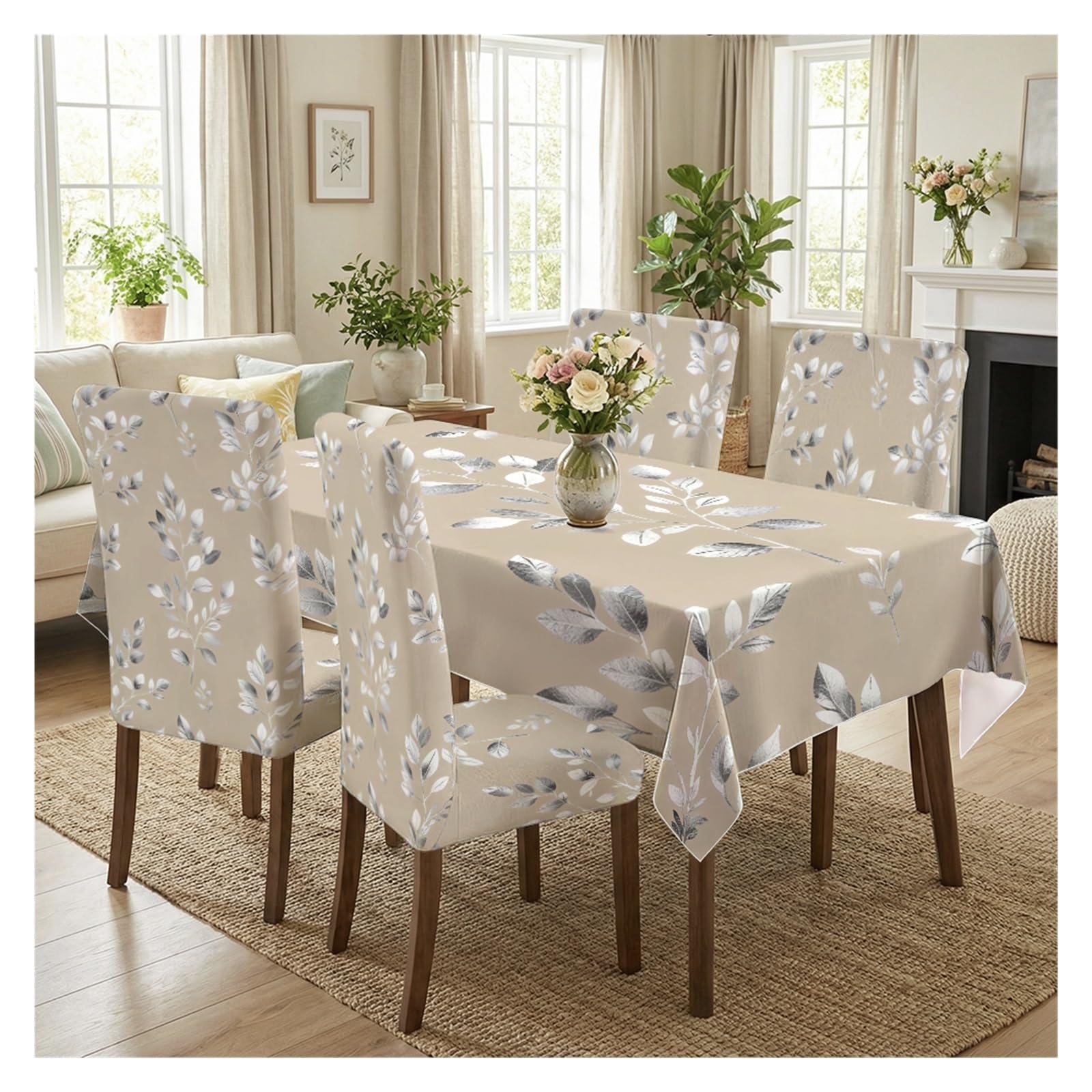 KXUAUV Beige Silver Leaf Print Stretch Dining Chair Covers Tablecloth Set, For Kitchen Dining Living Room Modern Decor, 5/7 Pack Party Decor(5pcs Set: Tablecloth+Chair Covers)