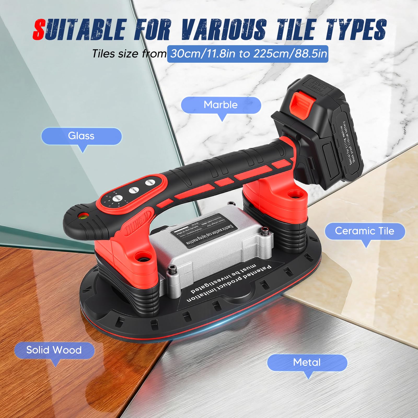 2 en 1 Herramienta de vibración para azulejos sin cables, ventosa potente y 6 velocidades ajustables, 2 baterías de 2500 mAh, 24000 RPM, para instalar azulejos, mármol, vidrio y madera