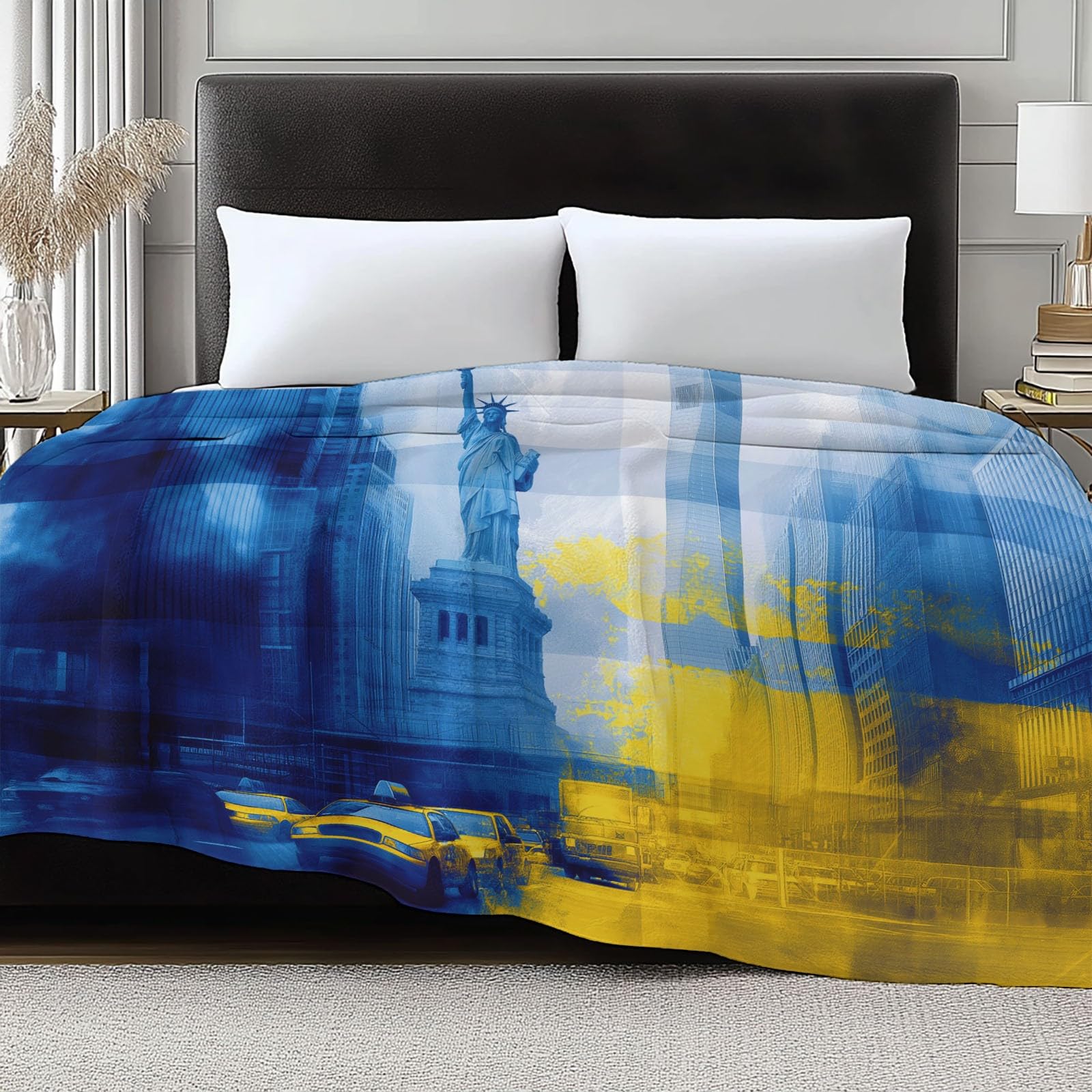 Koc polarowy 180 x 200 cm kolaż zdjęcia nowojorskich pomników koc flanelowy koc na sofę flanelowy koc, niebieski dzieci ciepłe miękkie koce na łóżko lekkie koce na kemping i podróż