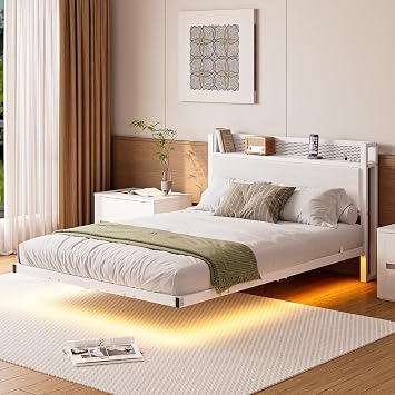 Double Floating Upholstered Bed Frame with Storage Headboard, White