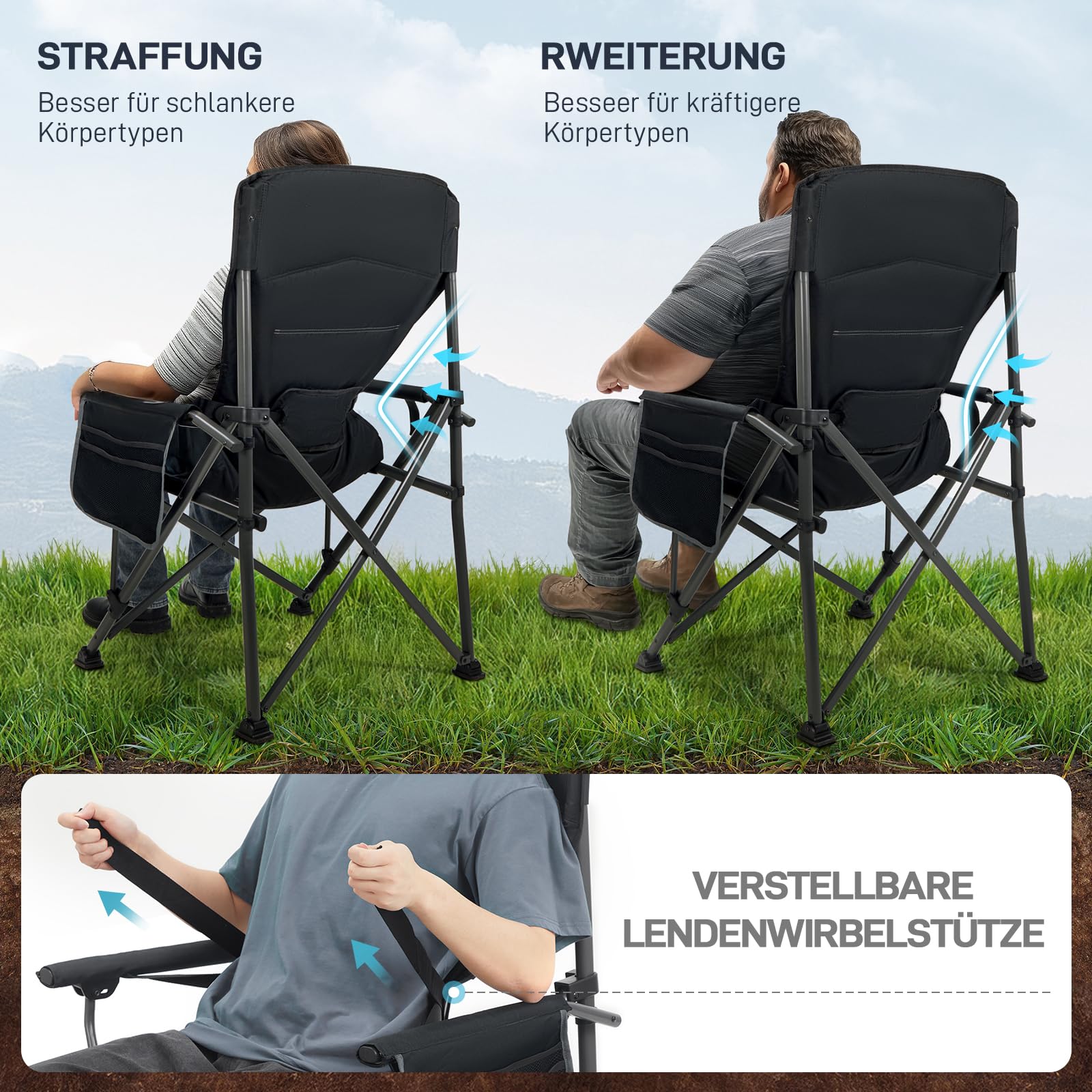 EVER ADVANCED Campingstuhl Faltbar 230KG Belastbar XL Lendenwirbelstütze | Klappstuhl 62cm Sitzbreit mit Seitentasche Getränkehalter Übergroß Faltstuhl Angelstuhl für Camping Outdoor Balkon Garten