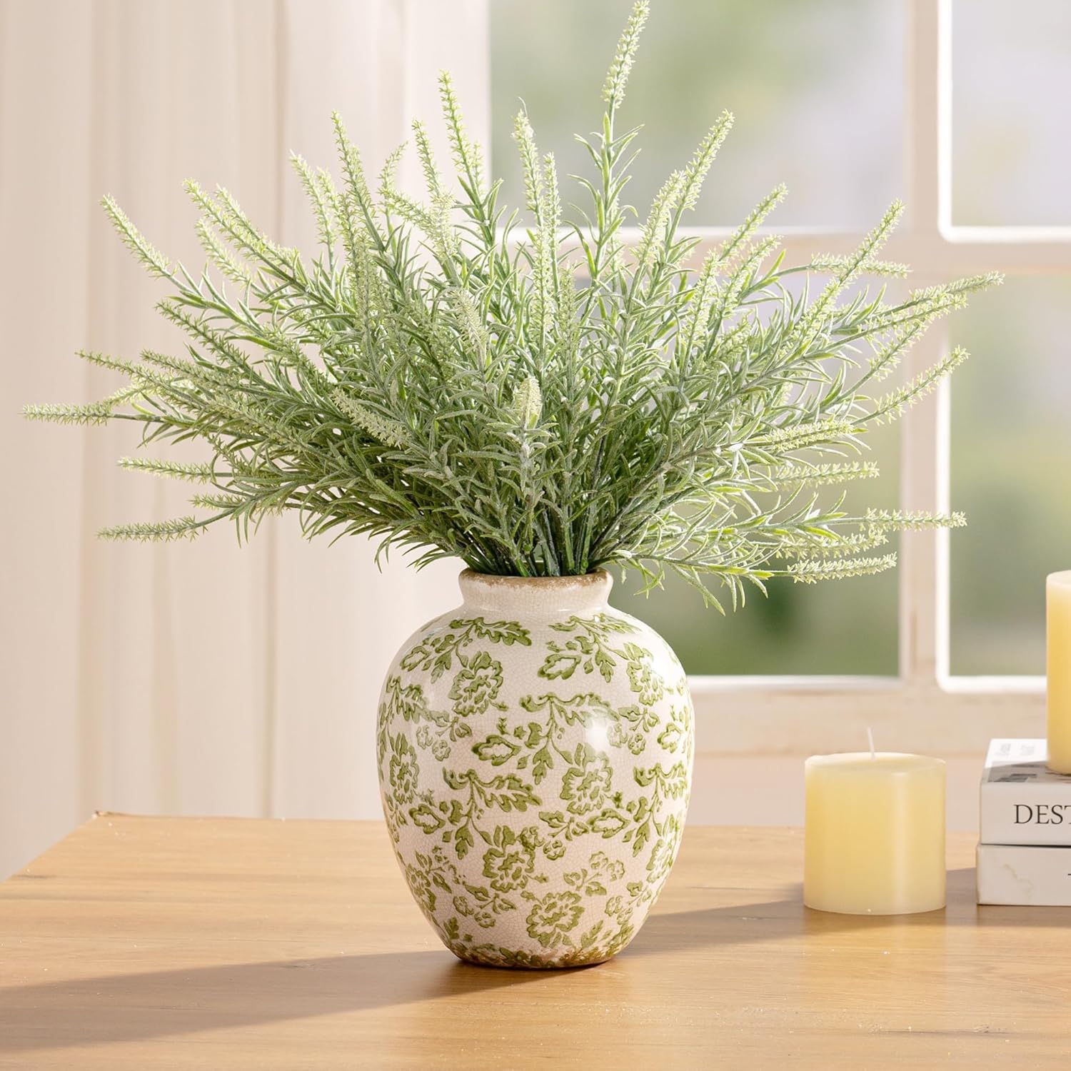 Ceramic Vintage Vase, Green Flower Decorative Vase Chinoiserie Decor Rustic Farmhouse Retro Floral Vases for Table Bookshelf Mantel Kitchen Living Room Office- 7.8inch Green - Image 8