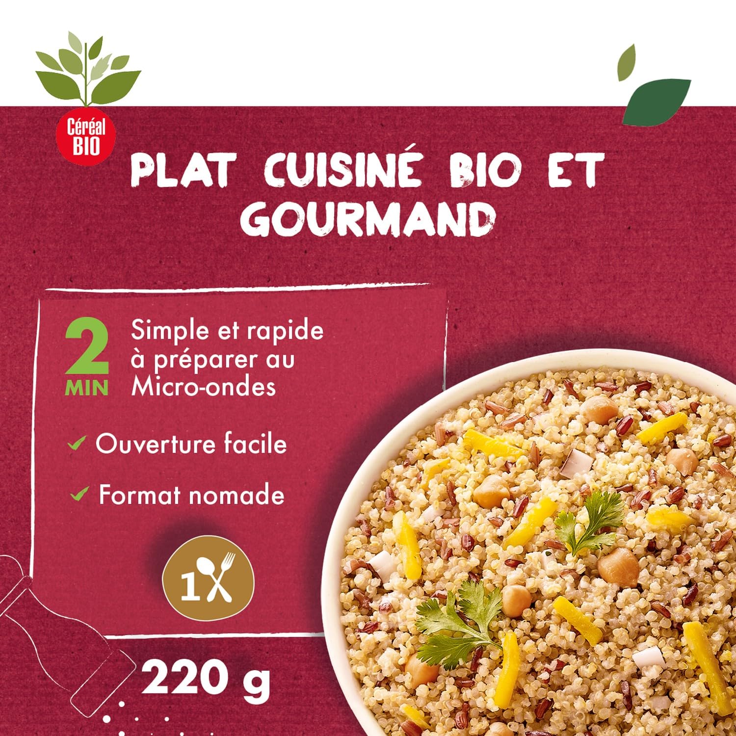 CEREAL BIO Quinoa Royal pois chiches et citron confit Bio 220g — pouch pratique avec fermeture zip, fabriqué en France - Lot de 4