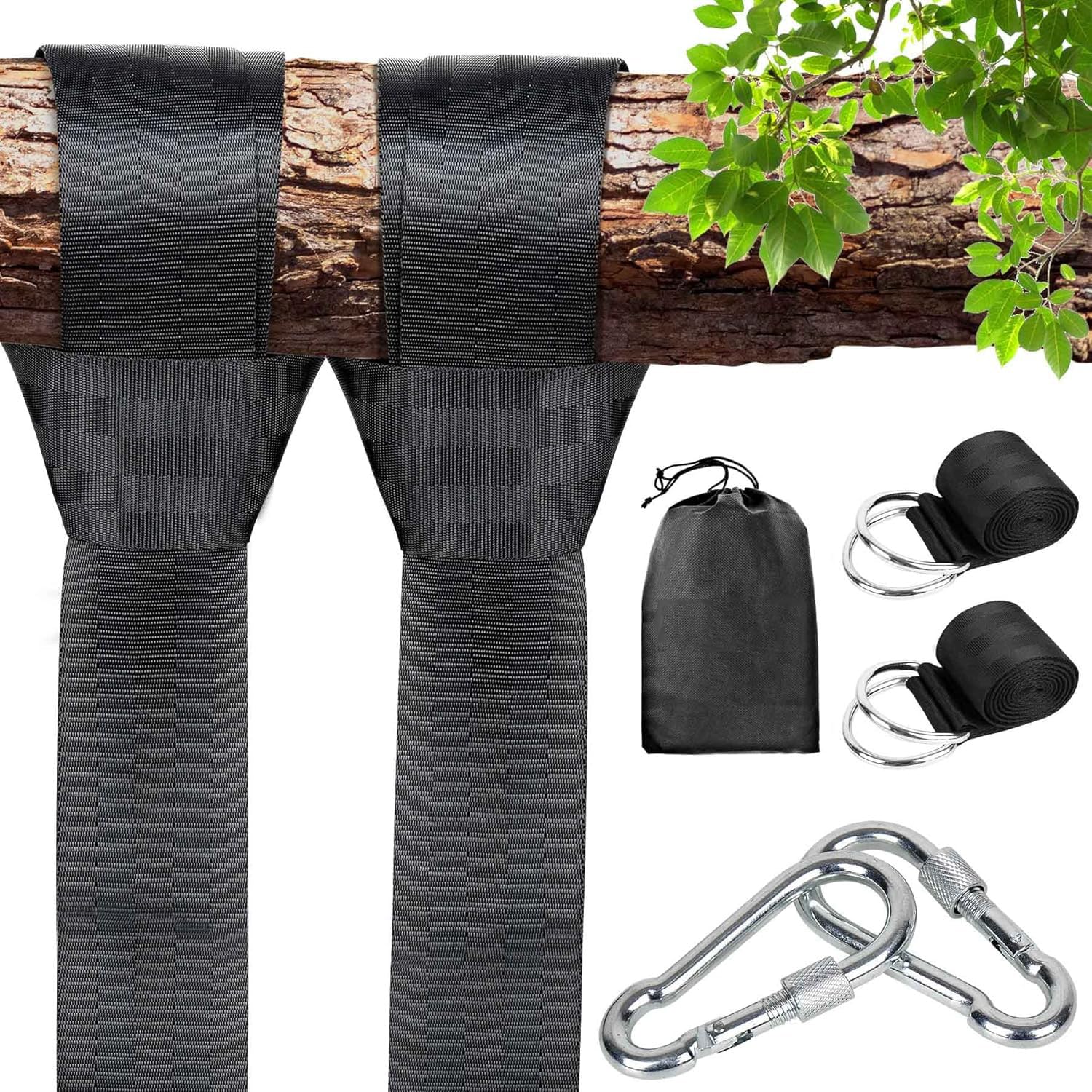 Cinghie per Amaca 150cm × 5cm Cinghie per Altalena Contiene Fino a 800kg Fissaggio per Amaca Altalena Esterno con 2 Moschettoni e 1 Borsa per Amache da Giardino e Altalene da Campeggio