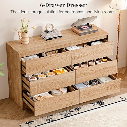 Miniatura 42 de Cómoda de 6 cajones, cómoda de mediados de siglo de 47 pulgadas de ancho, cómoda de madera para dormitorio con 6 cajones de almacenamiento para