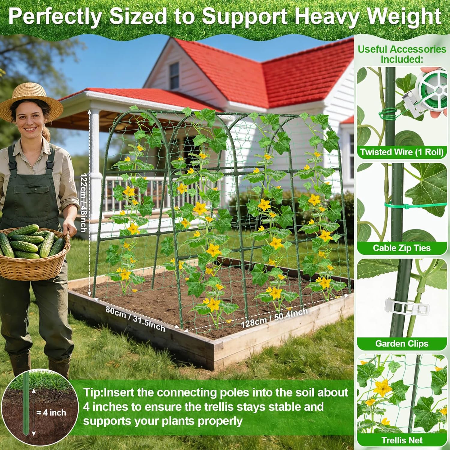 Cludoo Cucumber Trellis for Raised Bed Garden, U-Shape Arch Trellis for Climbing Plants Outdoor, Metal Vegetables Trellis with Netting, Garden Trellis for Cucumber Plants Sweet Pea Bean Grape